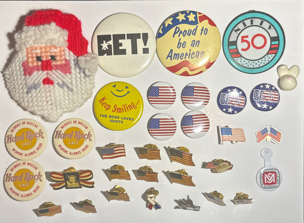 Vintage Lot of 33 Assorted Pinback Buttons and Pins Various Sizes & Styles E16