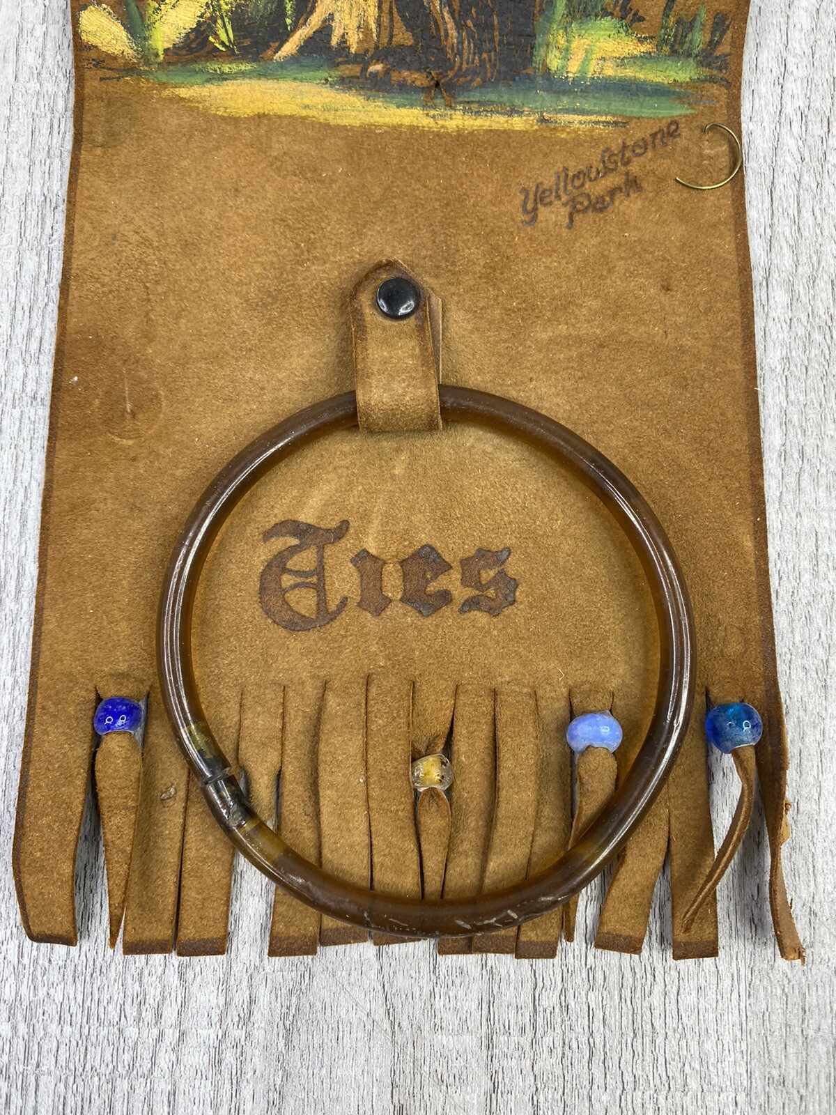 Rare Vintage / Antique Leather Bear Yellowstone National Park Souvenir Tie Hang