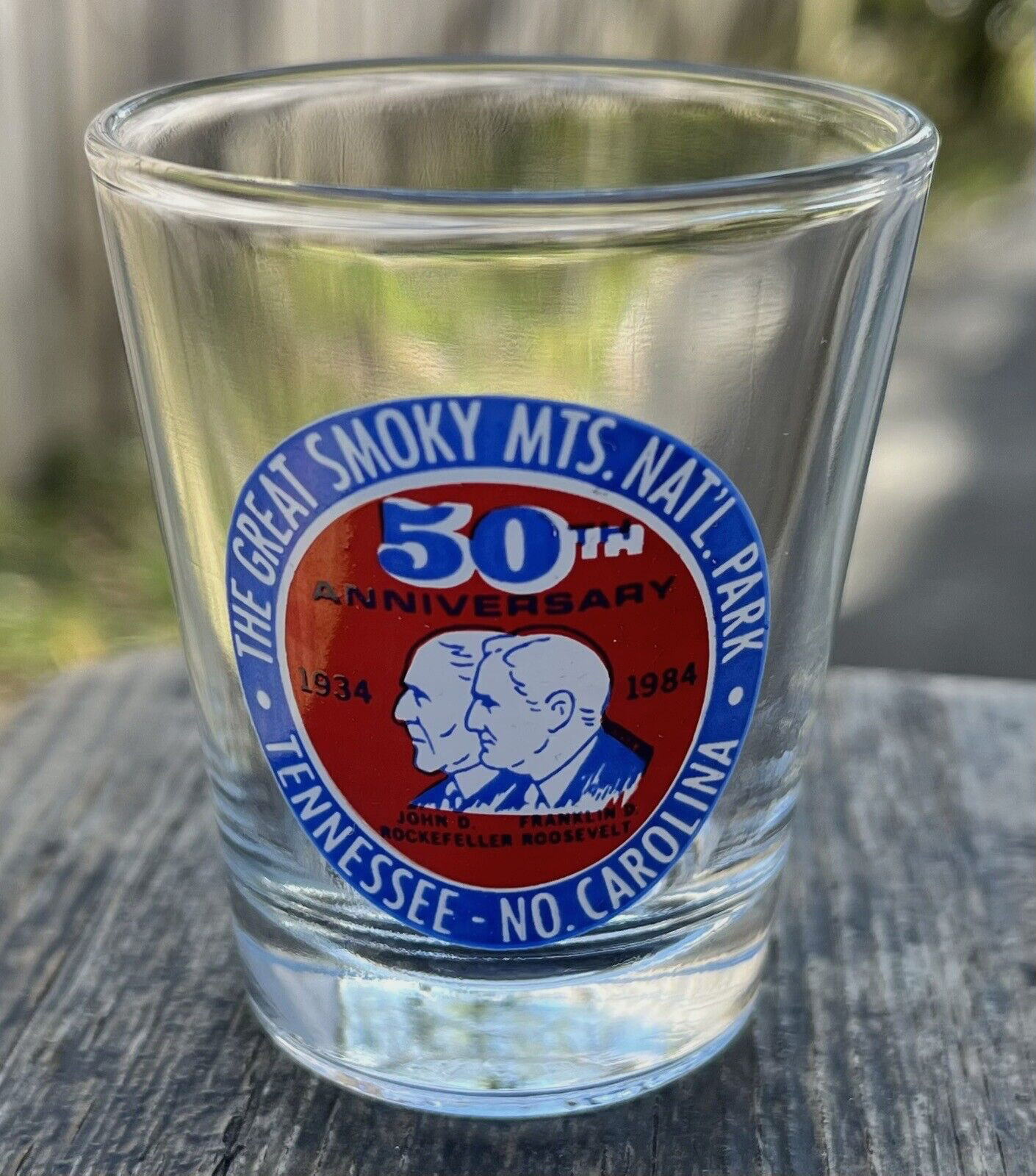 Great Smoky Mountains Nat’l Park 50th Anniversary Shot Glass Vintage 1984 NC TN