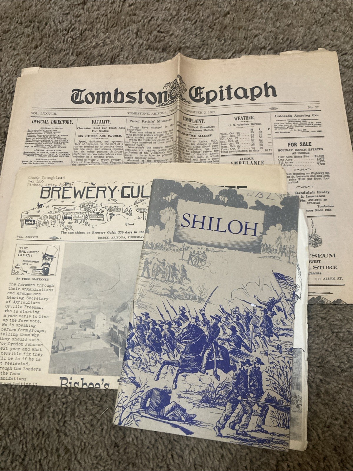 HistoricVTG Lot3 TOMBSTONE EPITAPH 1967/breweryGazette/Shiloh Nat. Park Book1961