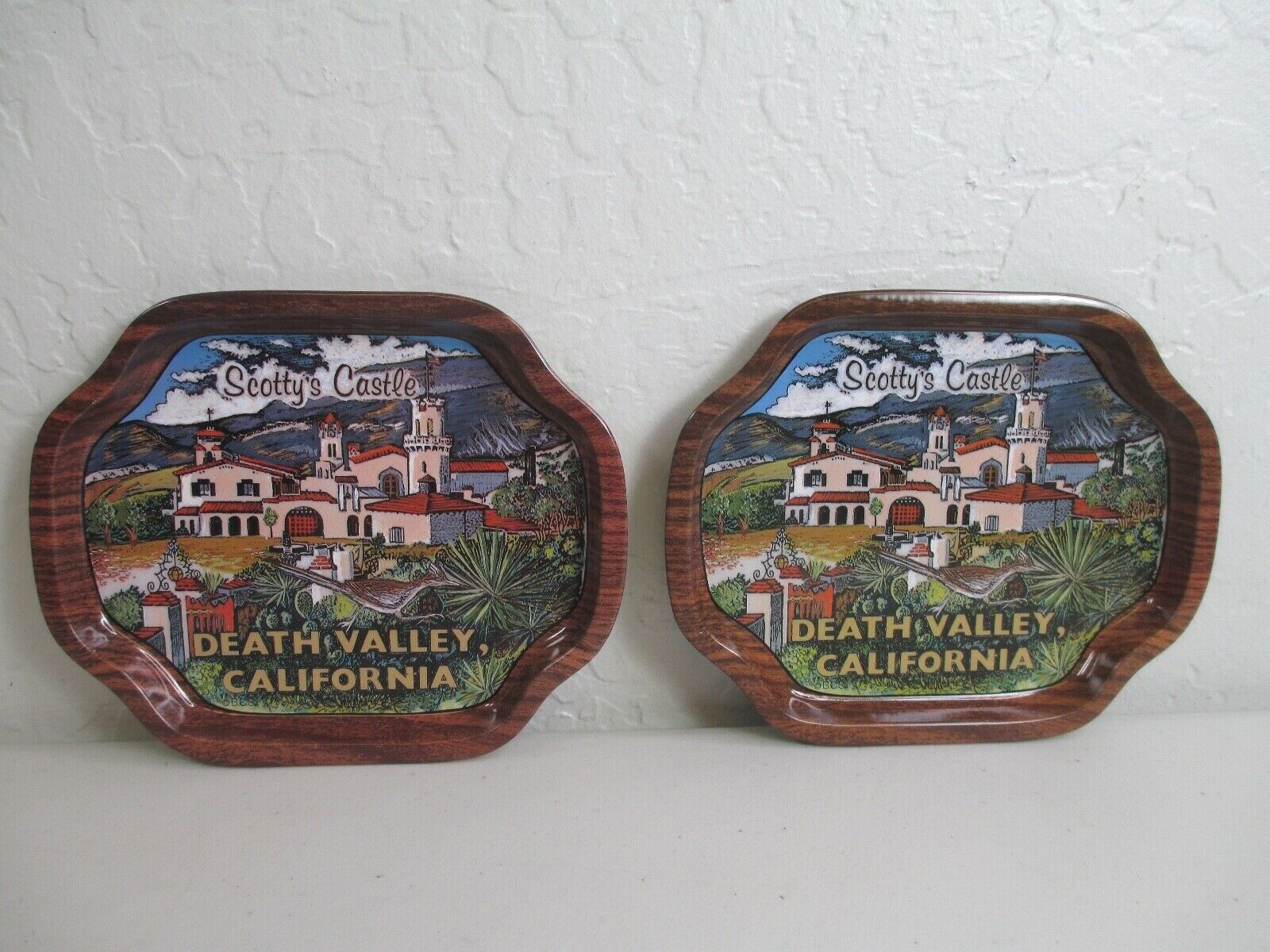 Vintage Scotty Castle Death Valley CA metal Tray lot of 2