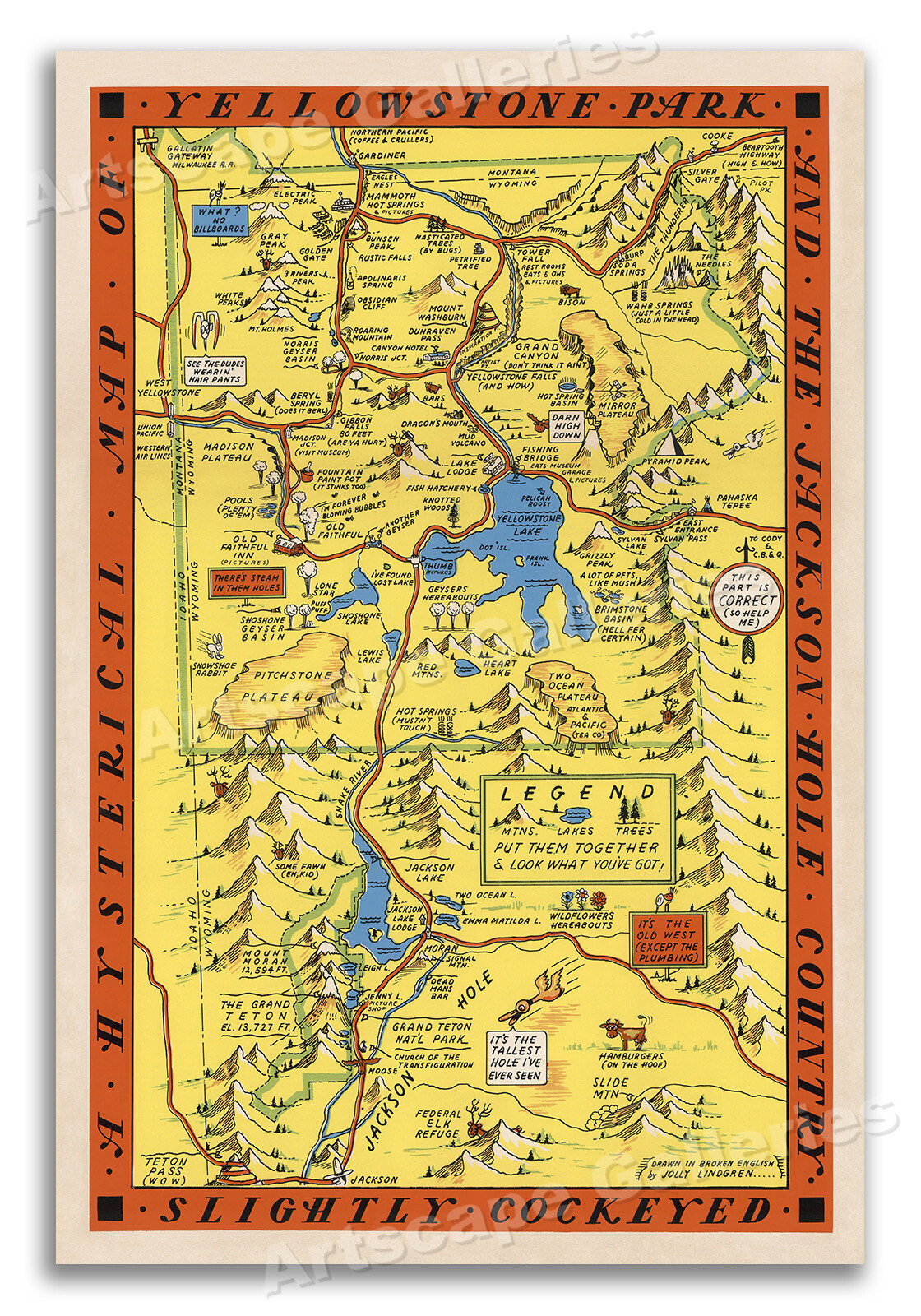 Yellowstone National Park – 1936 Hysterical Illustrated Map – 20×30