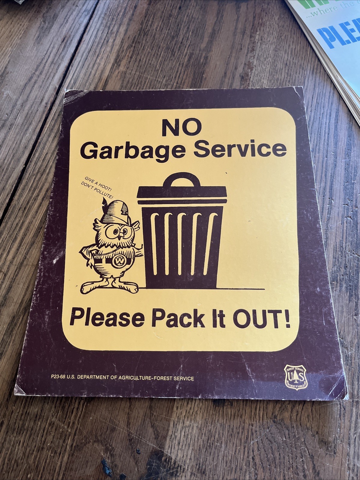 Vintage 1968 USFS US Forest Service Thick “cardboard Sign Give A Hoot Owl