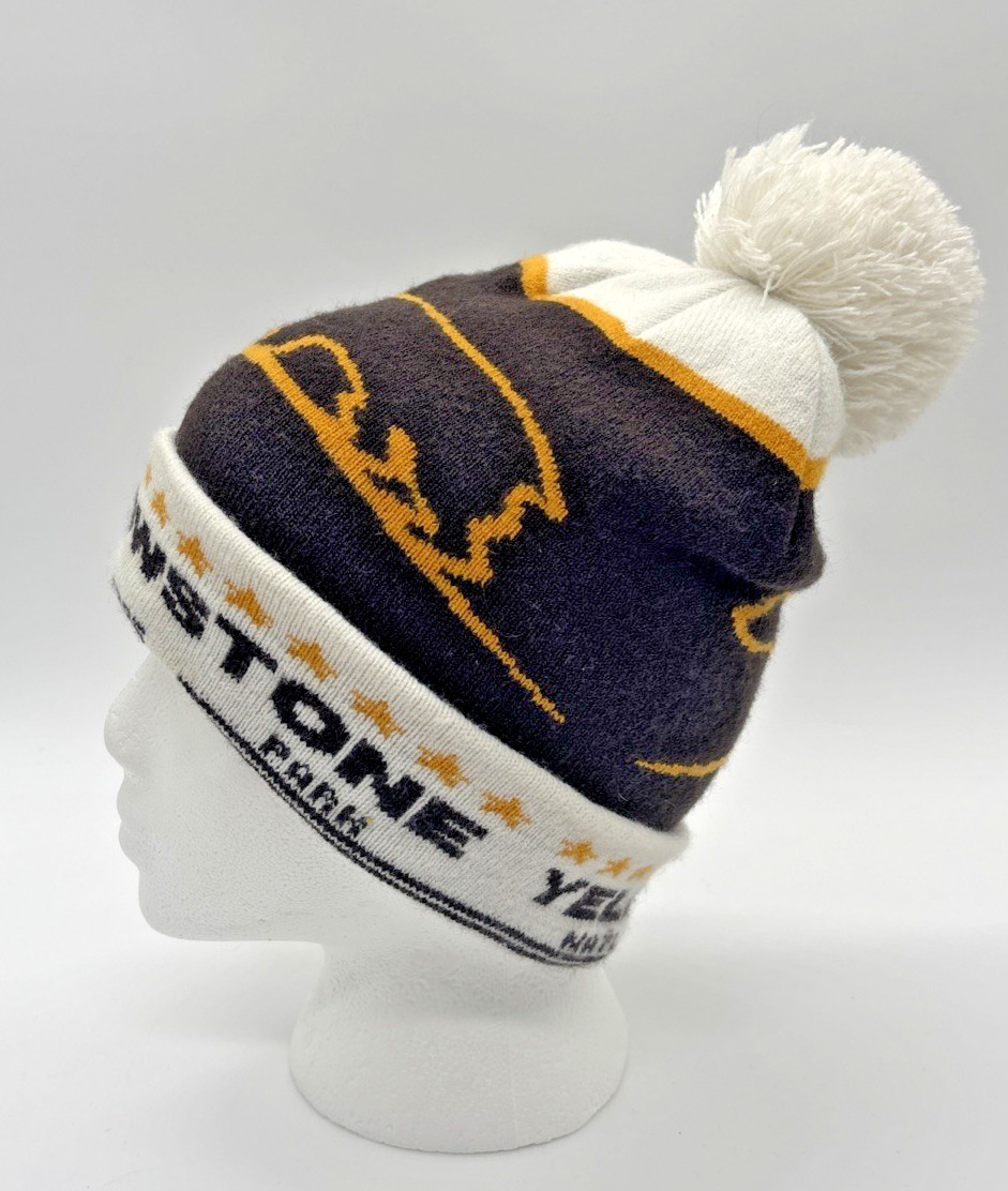 National Park Yellowstone Bear Cuffed Knit Beanie Hat with Pom BRAND NWOT Brown