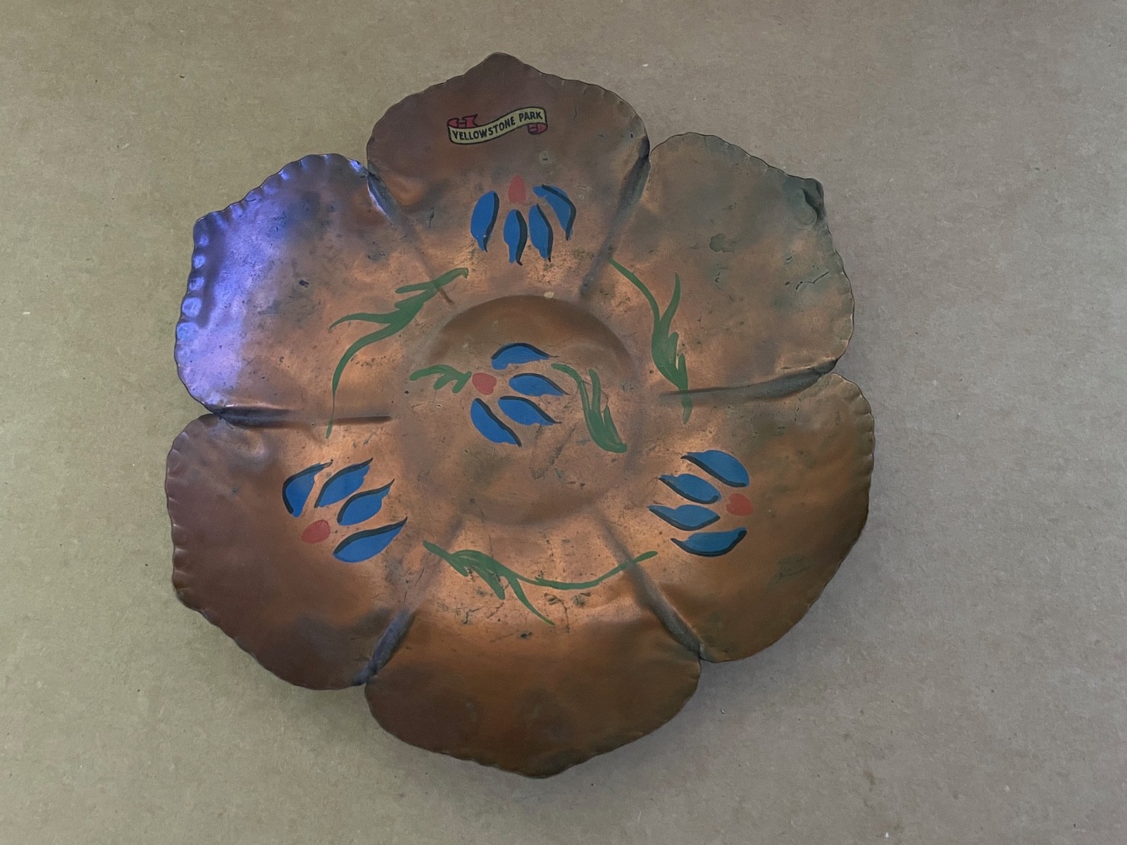 Vintage YELLOWSTONE Souvenir Copper Bowl Folk Art Painted Flowers Floral