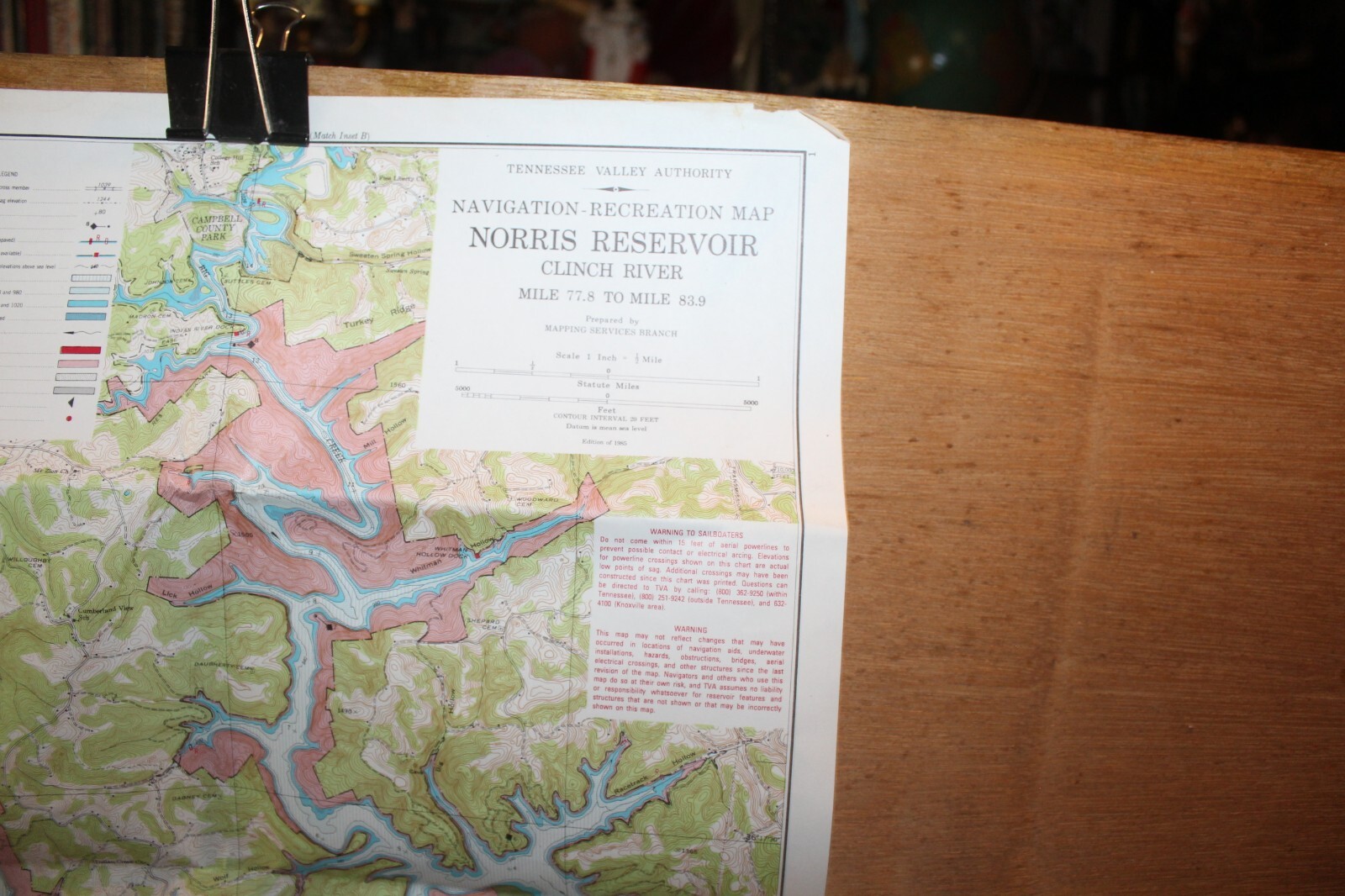 1985 Norris Lake Tennessee 21-1/2″ x 17″ Navigation Recreation Map TVA
