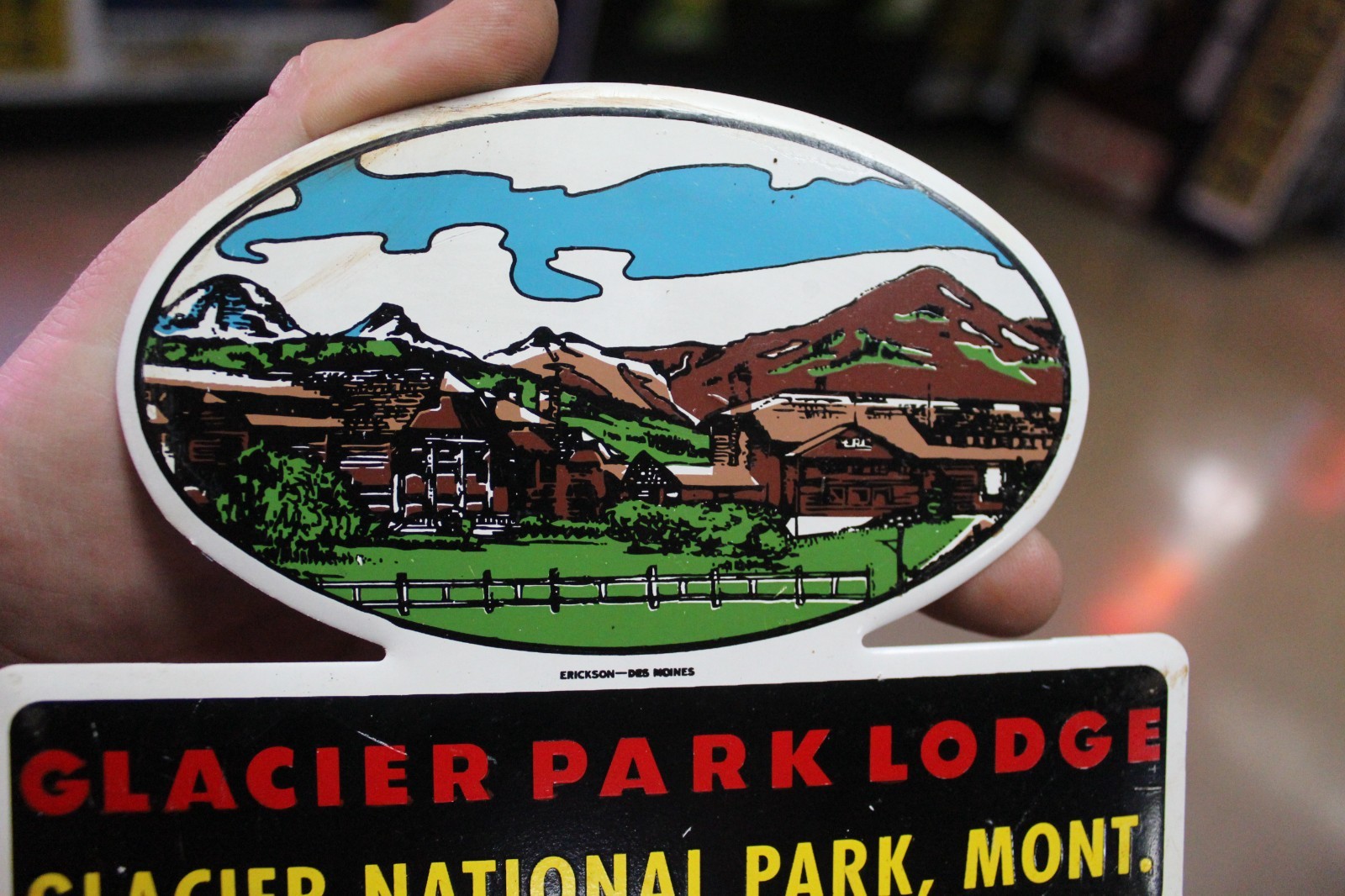 RARE 1950s GLACIER NATIONAL PARK LODGE MONTANA STAMPED PAINTED METAL TOPPER SIGN
