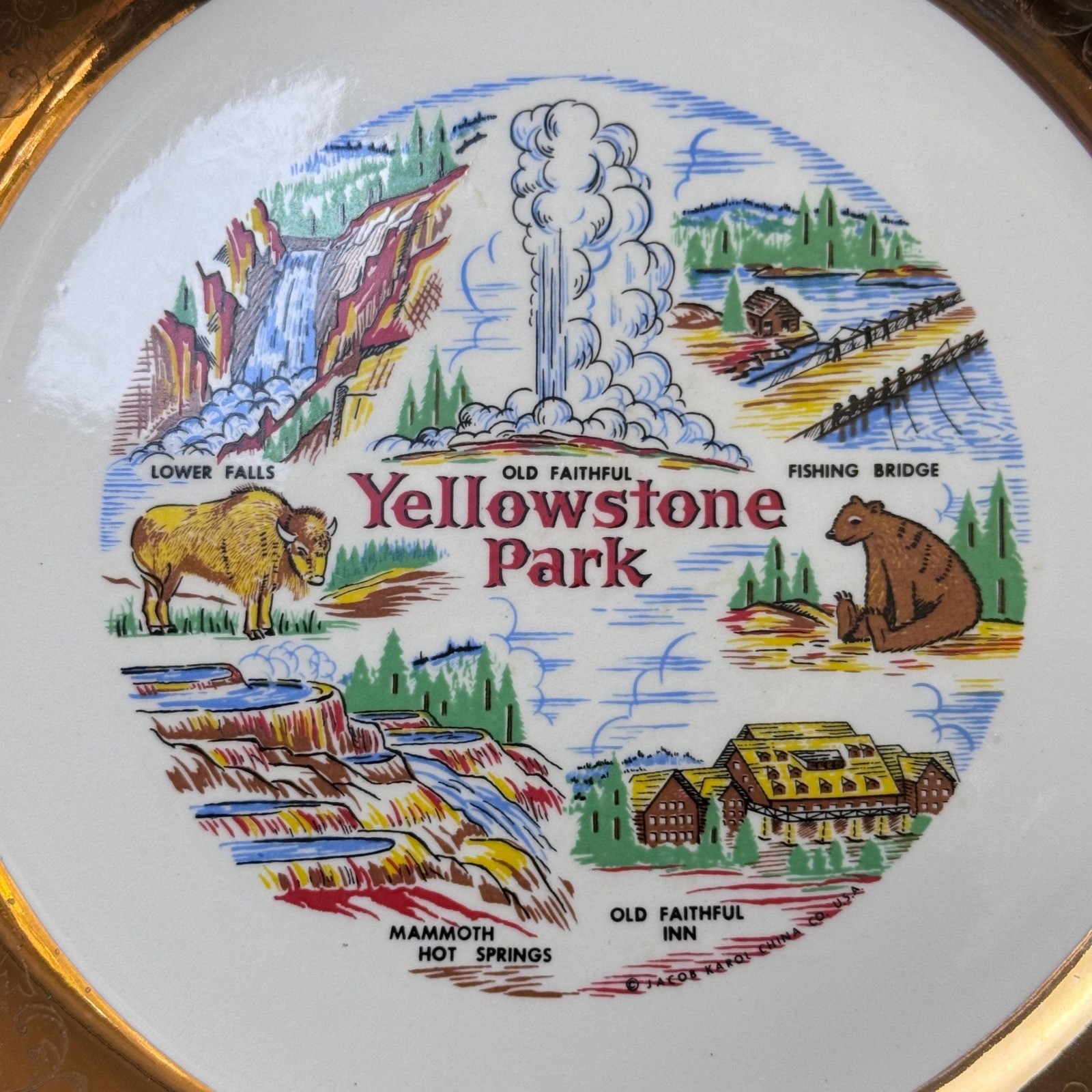 Vtg Yellowstone National Park Souvenir Plate Jacob Karol China Gold Rim 9.25″
