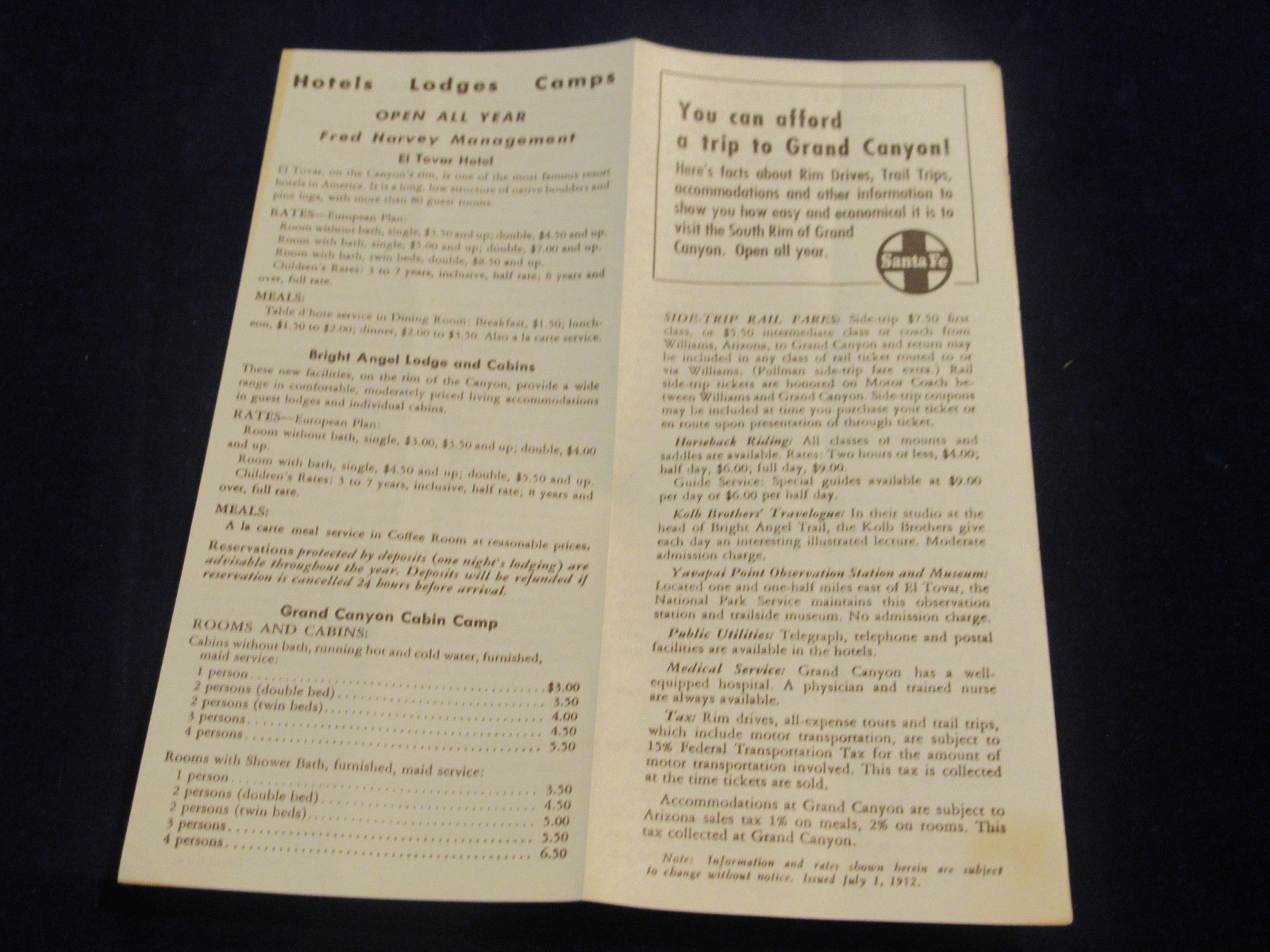 Vtg 1952 Grand Canyon National Park Santa Fe Railroad Travel Brochure AZ C675