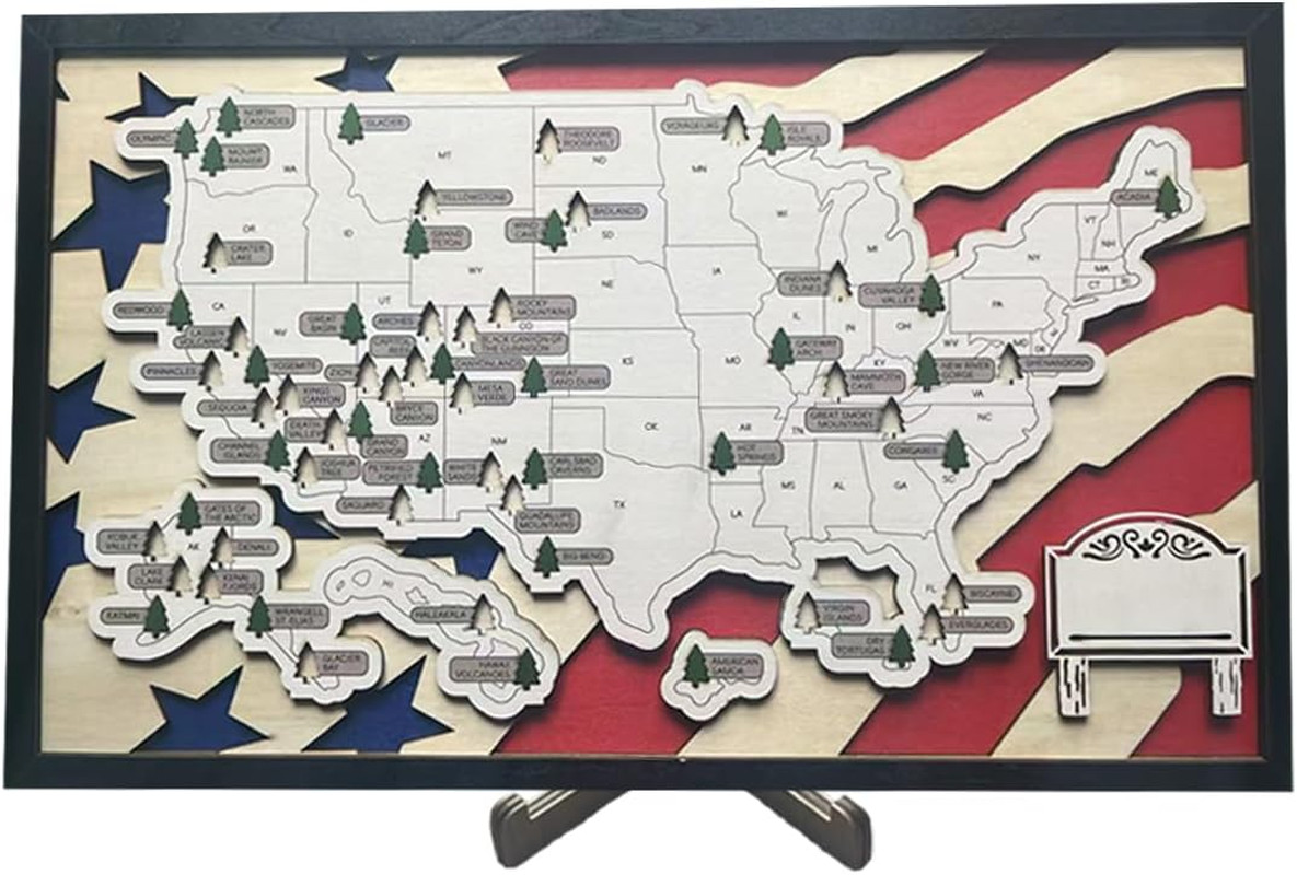 US National Park Wood Map Tracker with US Flag Background – National Park Checkl