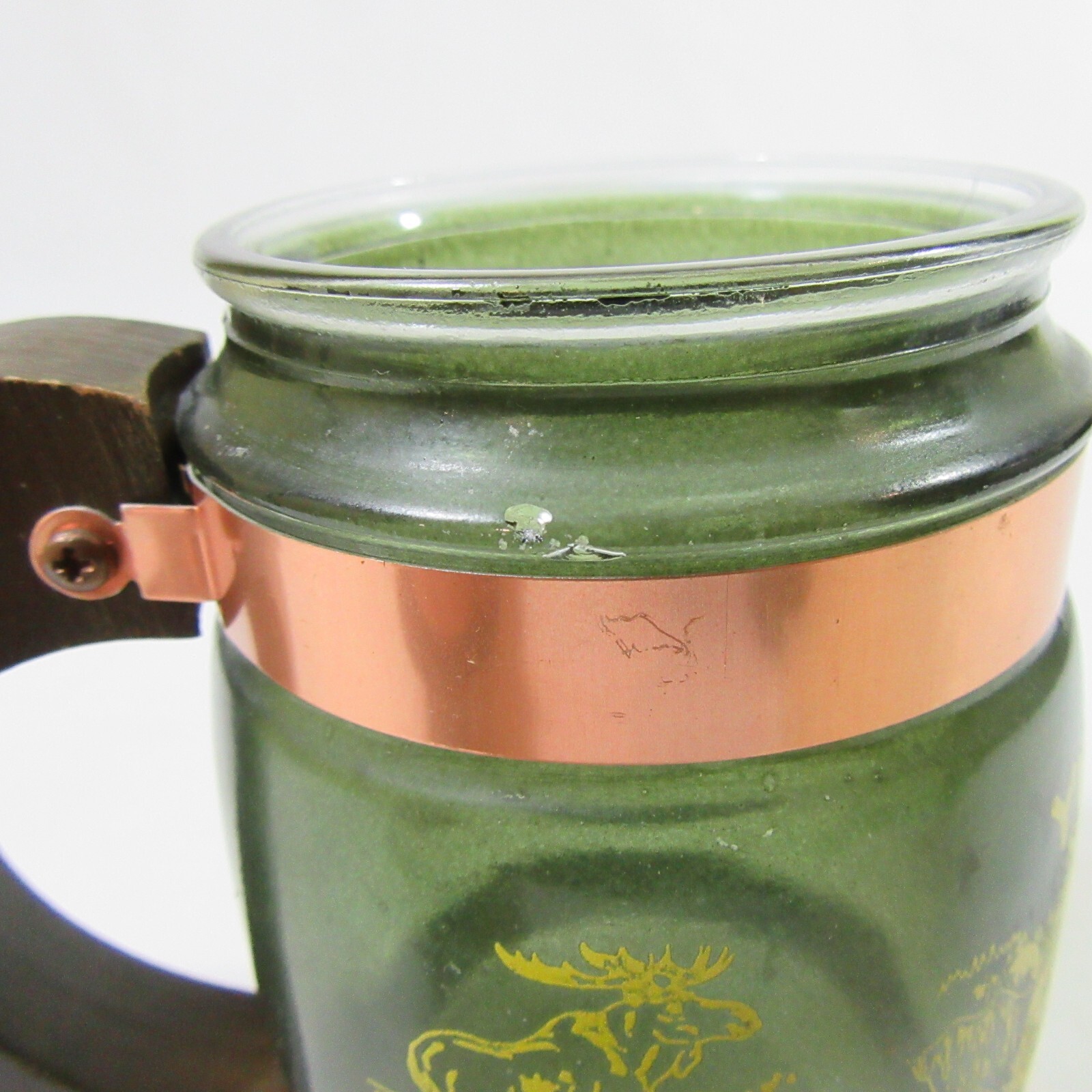 1970s Siesta Ware Souvenir Yellowstone National Park Rare Green Glass Mug w Wood