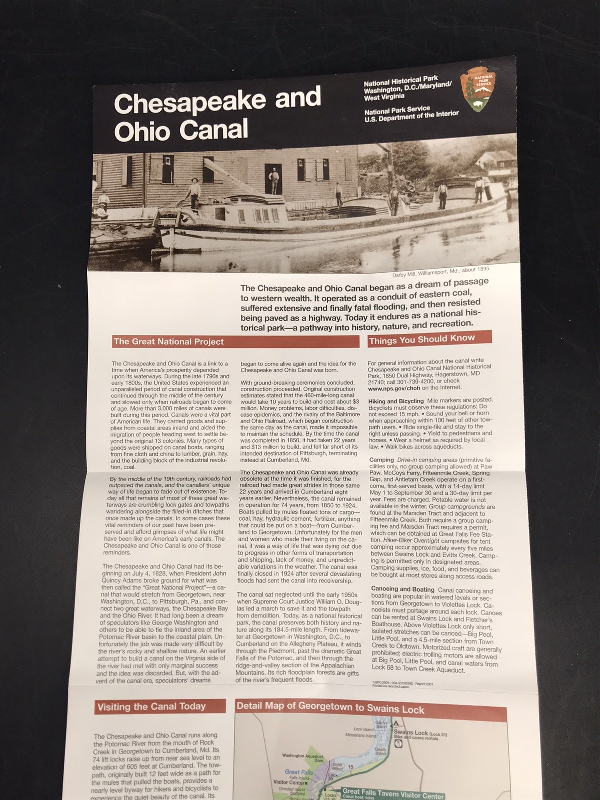 2001 CHESAPEAKE & OHIO CANAL National Park Map & Brochure US Dept of Interior