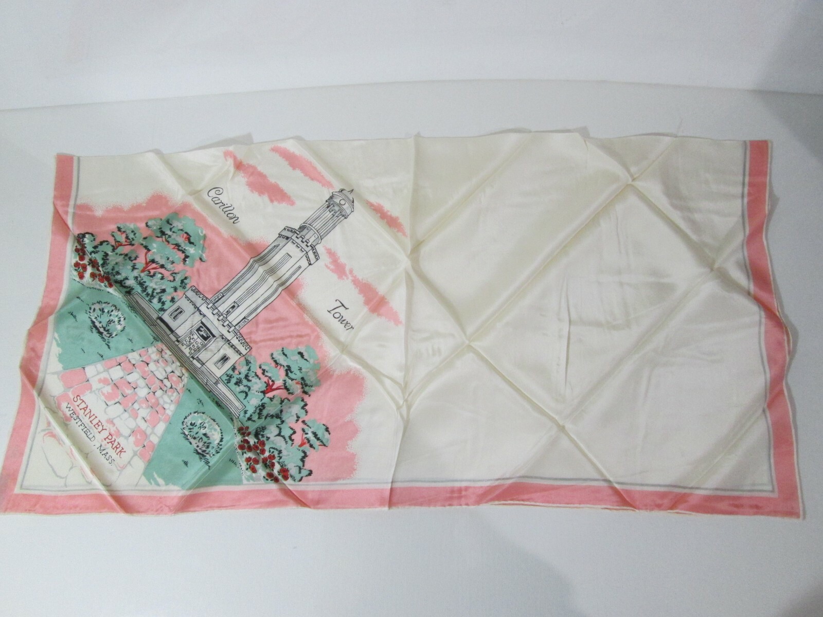 VINTAGE 1950s Stanley Park Carillon Tower Westerfield MA UNUSED Silk Crepe Scarf