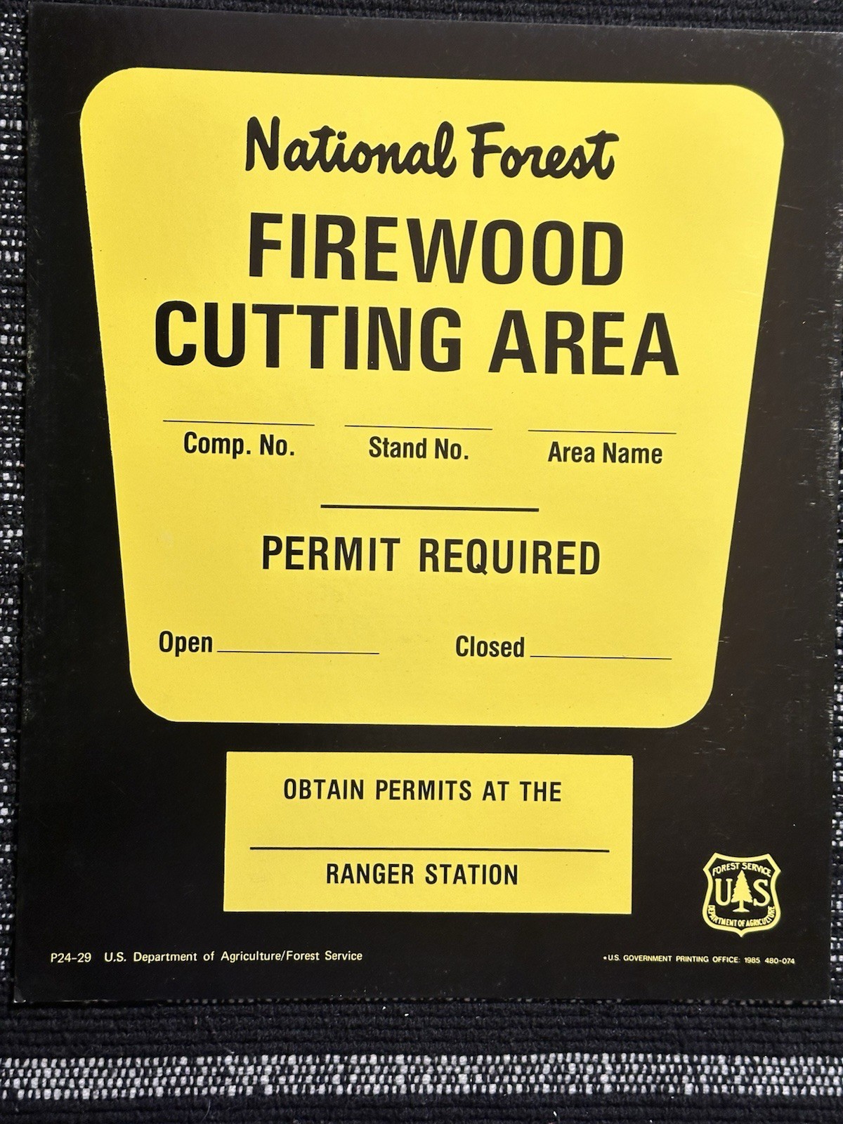 Vintage 1985 USFS Forest Forestry Service ”FIREWOOD CUTTING AREA” Cardstock Sign