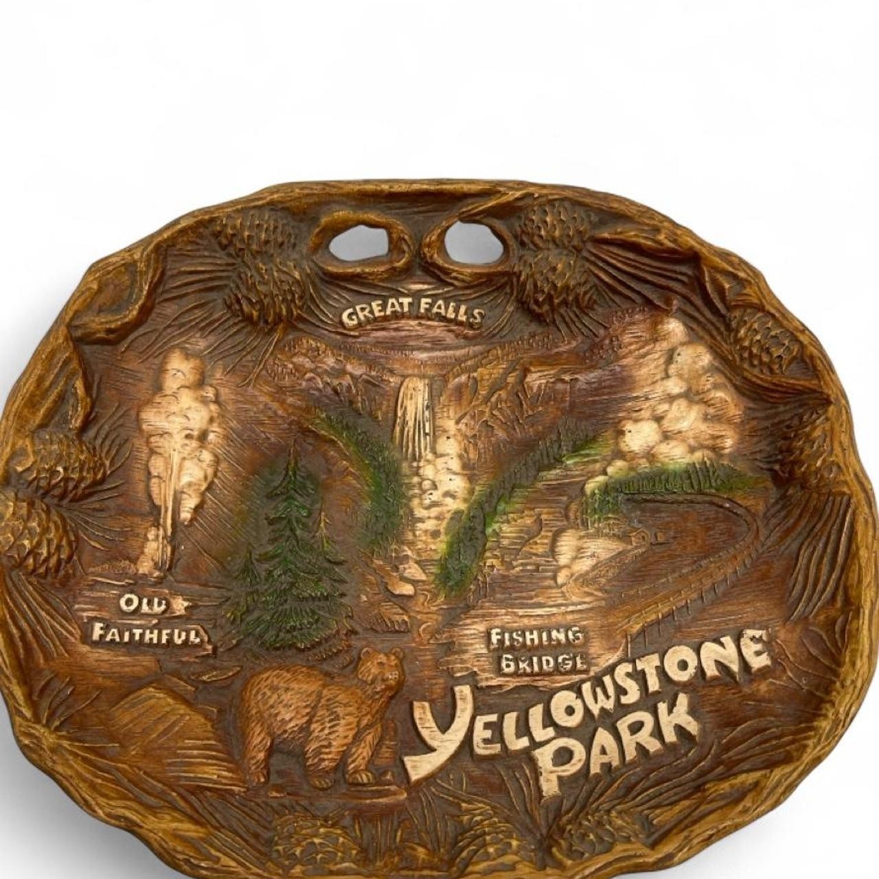 Taco faux wood footed souvenir tray Yellowstone Park,Old Faithful,Great Falls