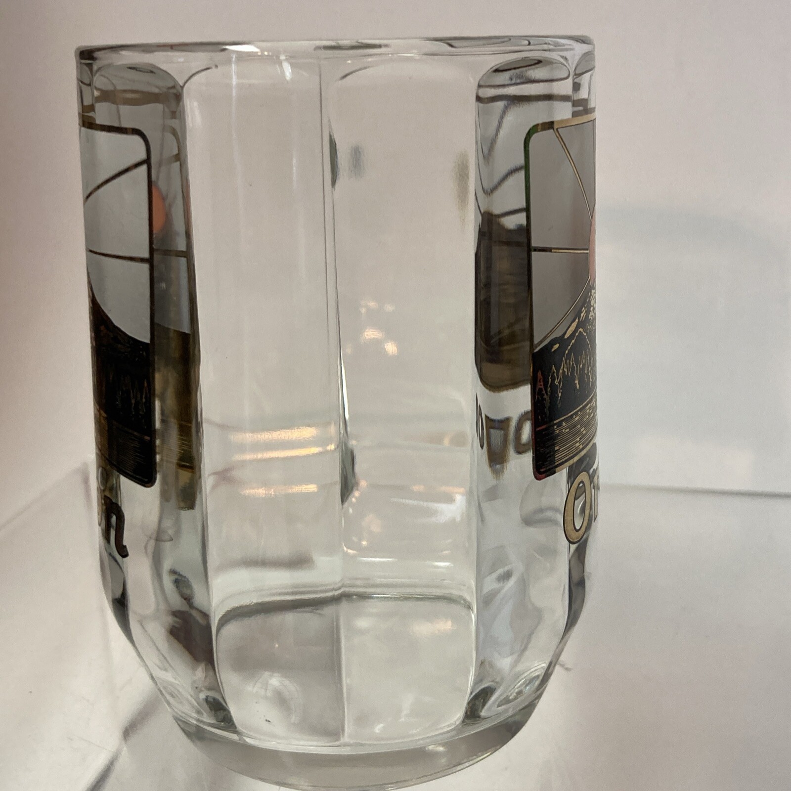 Oregon Coffee Mug Souvenir Glass 22K Gold Black Orange Mt. McLaughlin Sunset USA