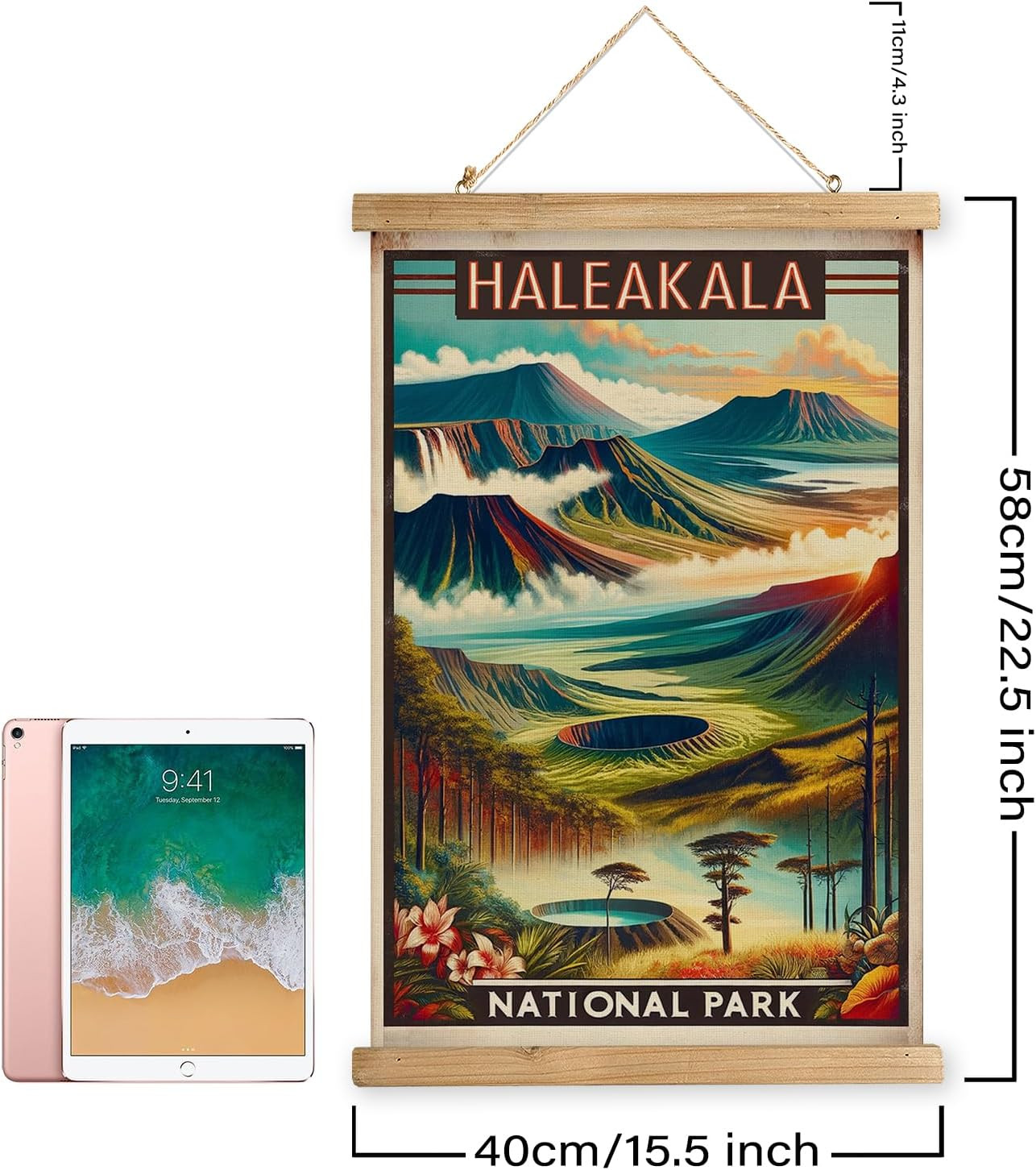Vintage Haleakala National Park Travel Poster with Wooden Scroll Frame – Holiday