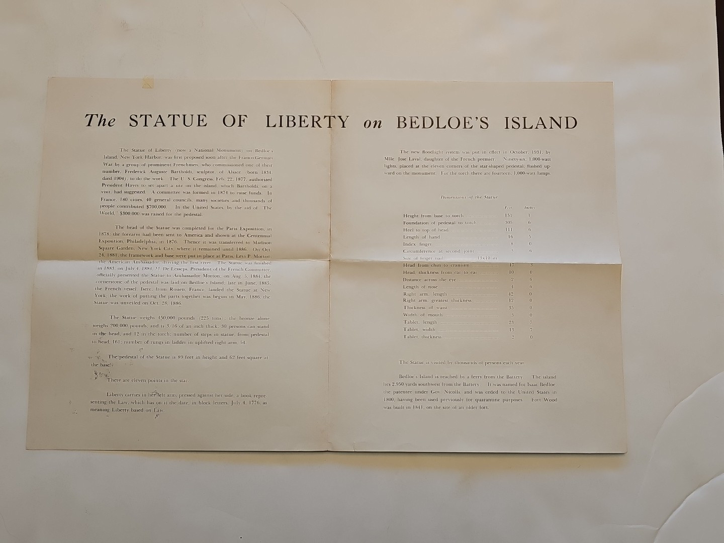 1941 STATUE OF LIBERTY NATIONAL MONUMENT BEDLOE’S ISLAND NEW YORK Guide and Map