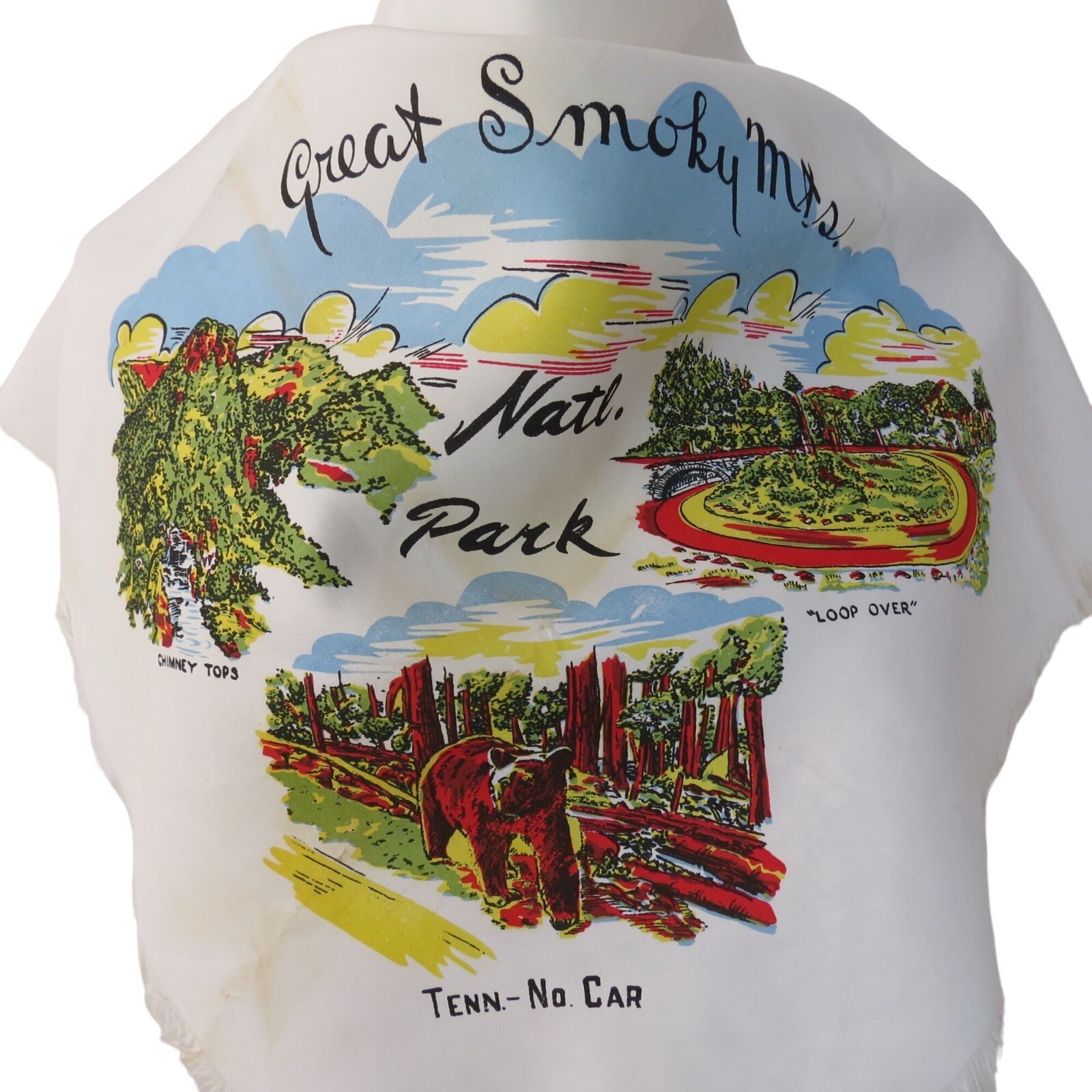 VINTAGE Great Smoky Mountains National Park Souvenir Scarf White Square Fabric