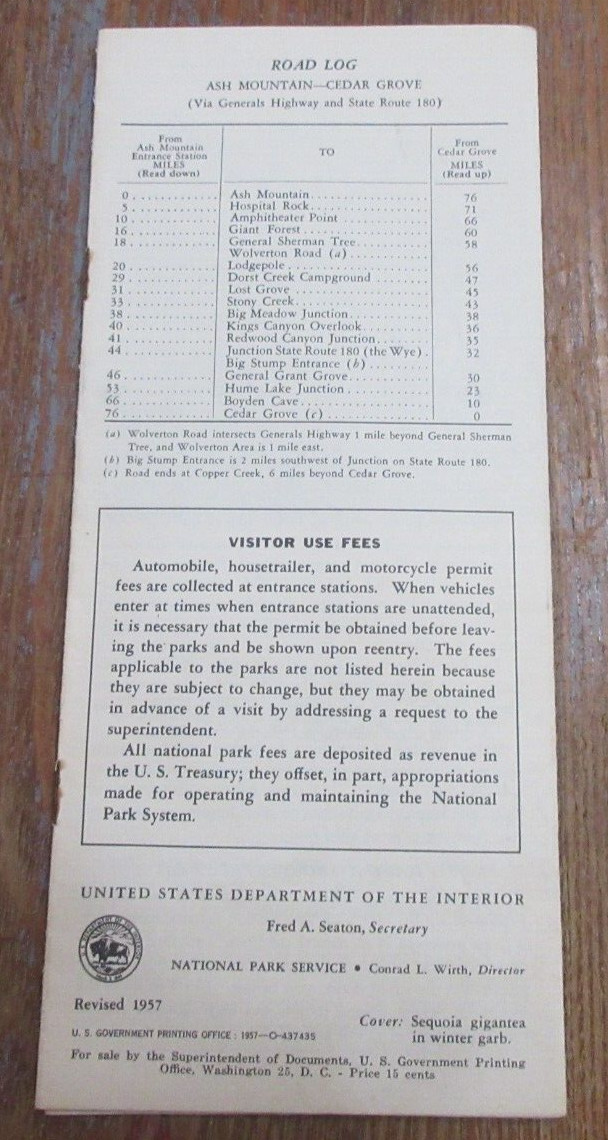 Vintage 1957 SEQUOIA AND KINGS CANYON NATIONAL PARKS CALIFORNIA Map & Guide