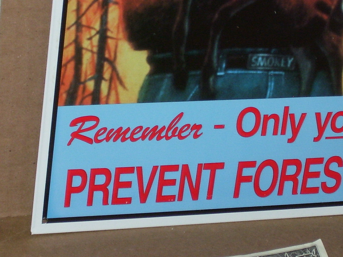 SMOKEY THE BEAR — Saving Deer From FOREST FIRE — Embossed Tin Metal Sign -NICE