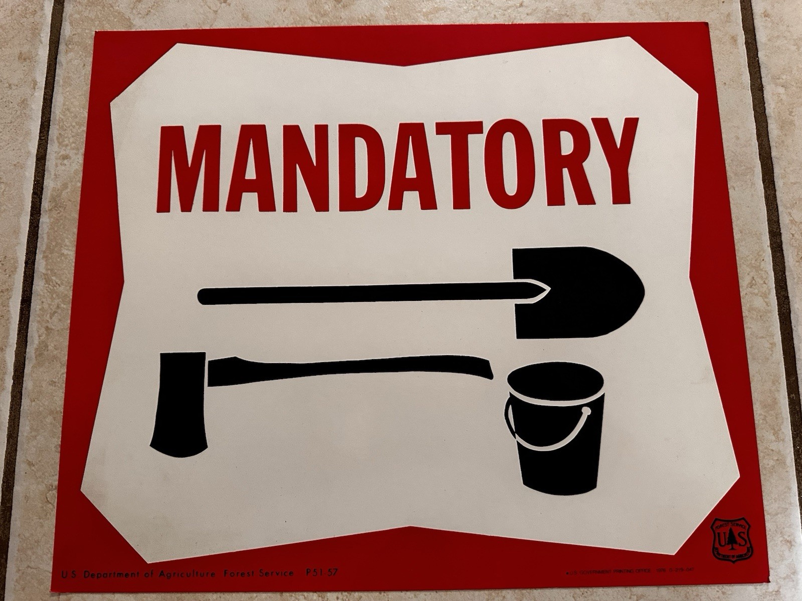 Vintage 1976 USFS National Forest Service ”MANDATORY (tools)” Cardstock Sign