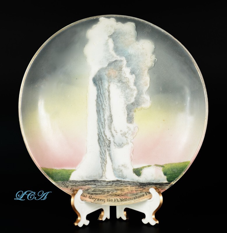 Antique YELLOWSTONE PARK plate w/ HAND PAINTED pic Old FAITHFUL Y. P. WYOMING