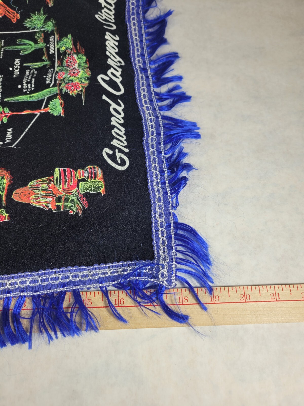 Vintage Arizona Grand Canyon Black Fabric Souvenir Pillowcase Gold Fringe 17″