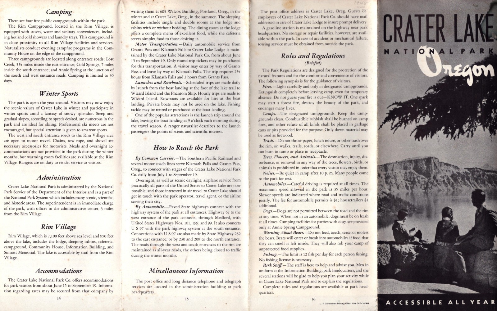 1950 Crater Lake Oregon National Park Vintage Tourist Rules Map Guide Brochure