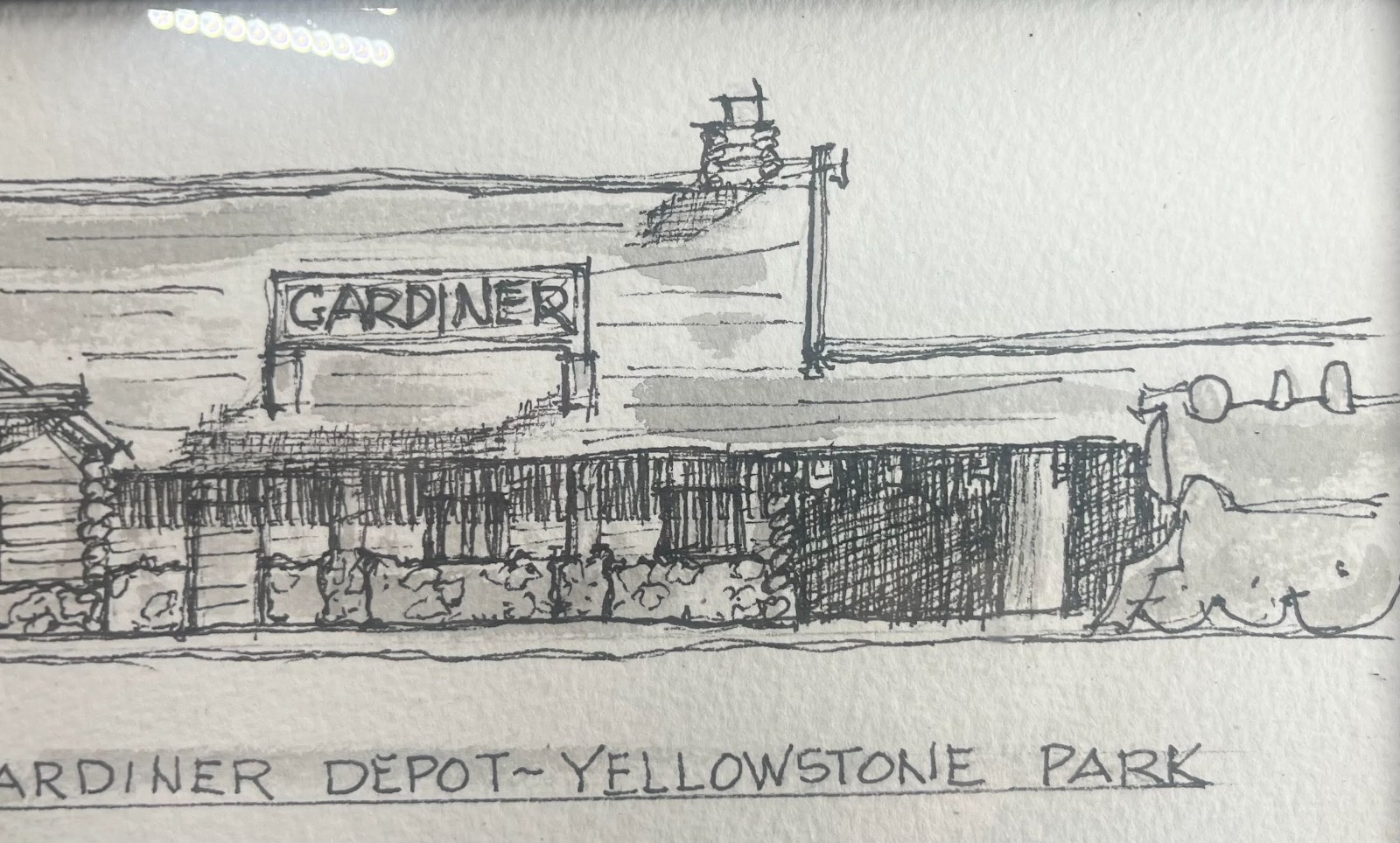 Yellowstone Park, signed original pen & ink, Gardiner Depot, Gardiner Montana