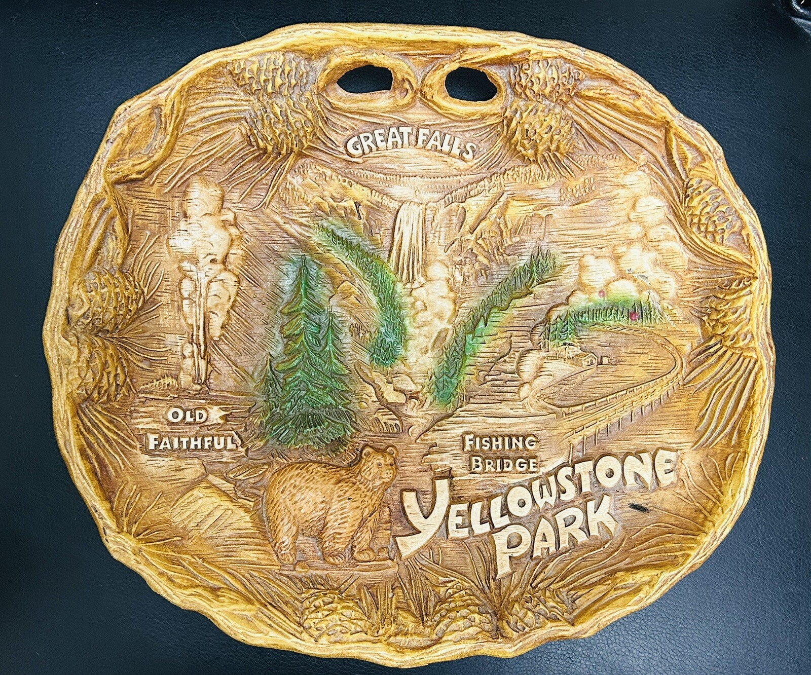 Vintage Taco Yellowstone Park Souvenir Plate Bowl 3D Faux Wood Retro W/Hanger