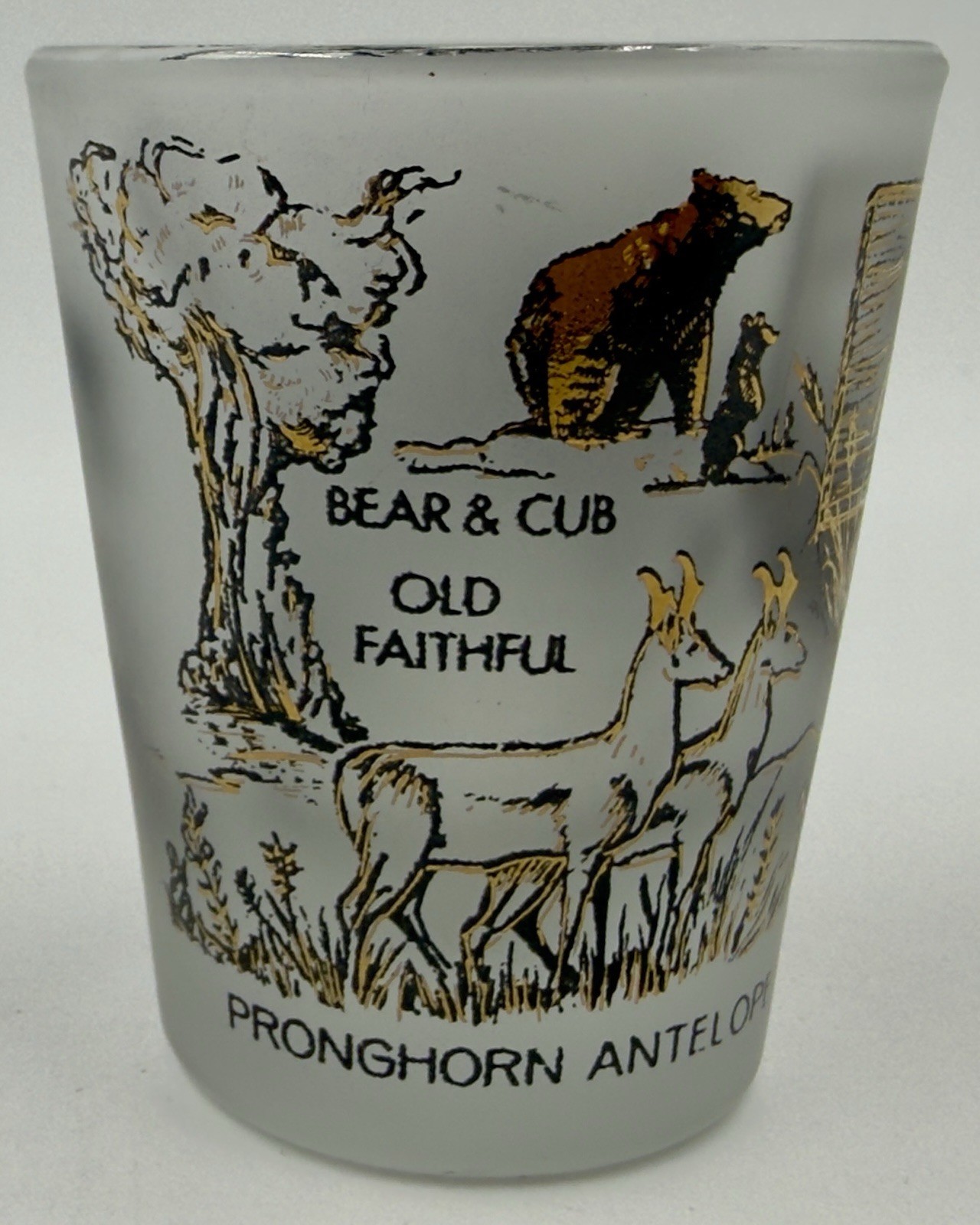 Yellowstone National Park Souvenir Shot Glass Black & 22K Gold A48 By Libbey