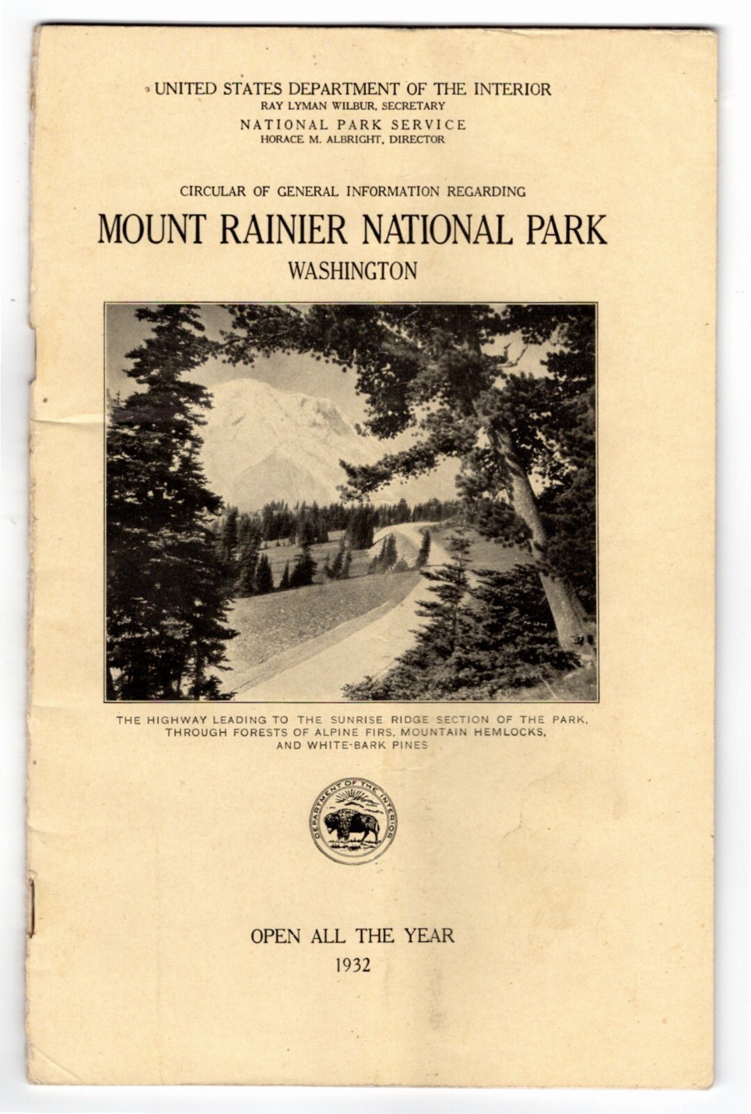 Pamphlet, MOUNT RAINIER NATIONAL PARK, WASHINGTON, U.S. Dept. of Interior, 1932