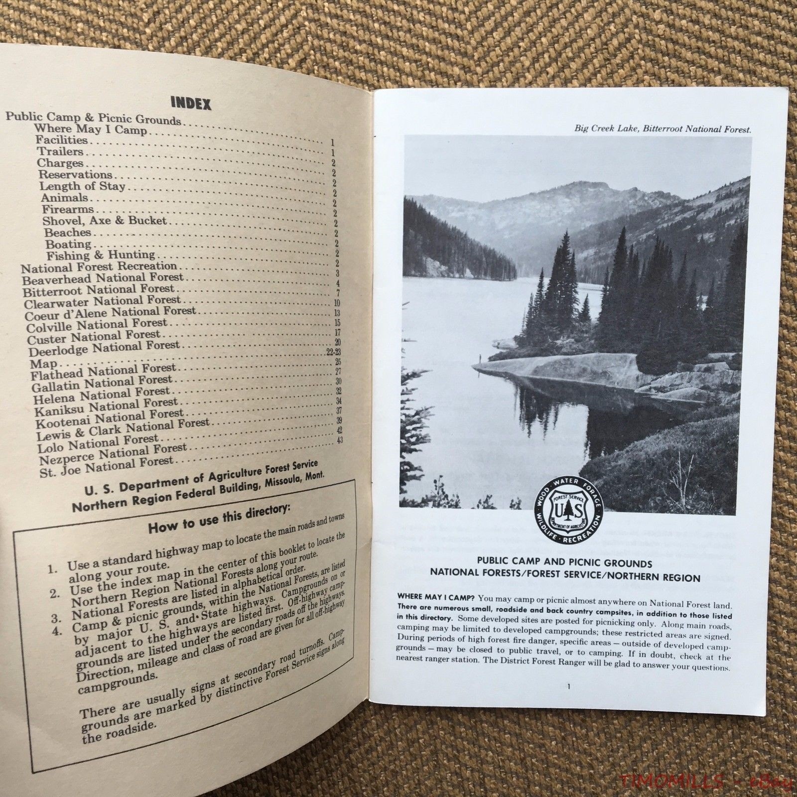 Vintage US Forest Service Camping Camp Area Directory Northern Region Montana 66