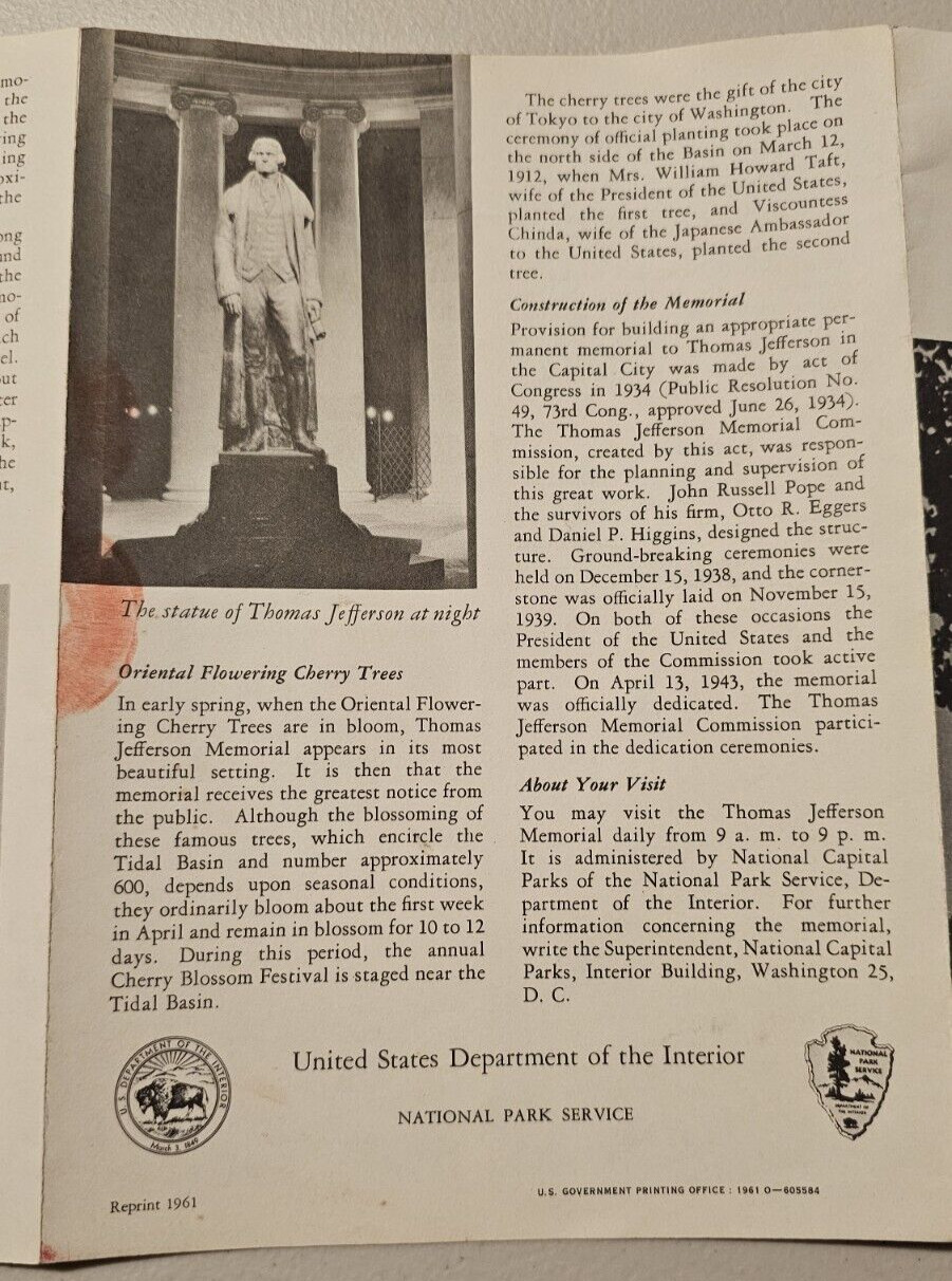 Official 1961 National Park Service JEFFERSON MEMORIAL Pamphlet Washington D.C.