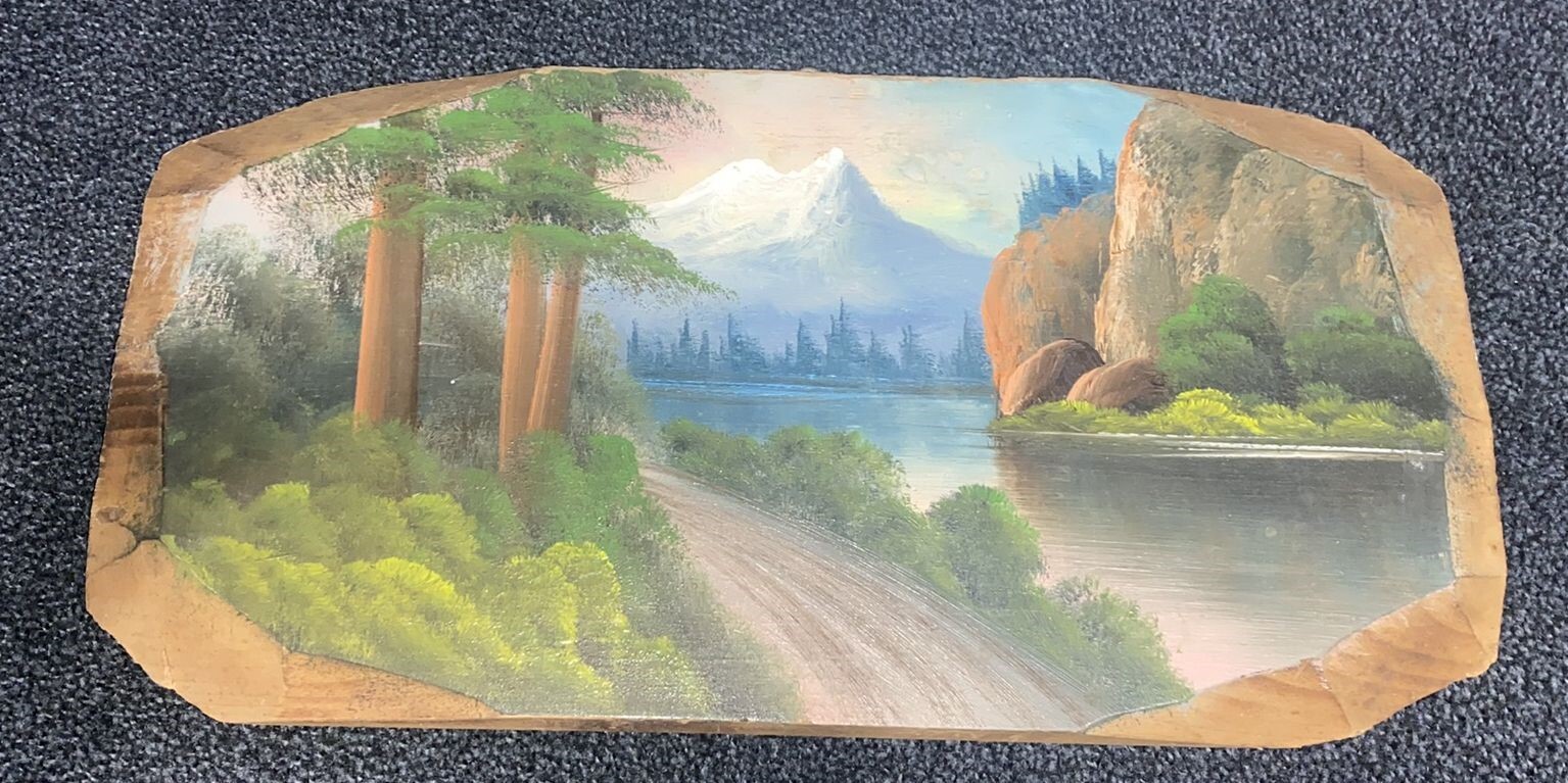 1937 Glacier National Park slab wood painting Mountain Lake 15 1/8″ by 7 5/8″