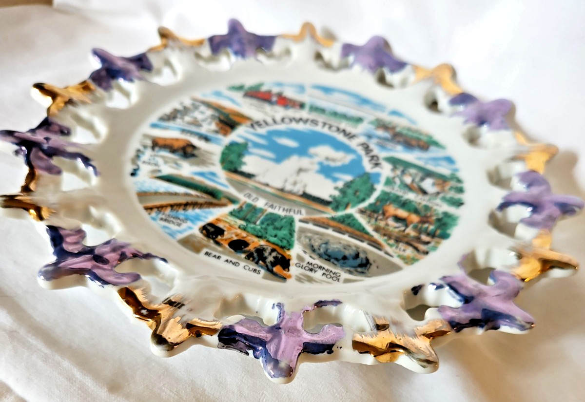Vtg 60s Yellowstone Park Souvenir Plate Made in Japan Western Old Faithful 8.5″