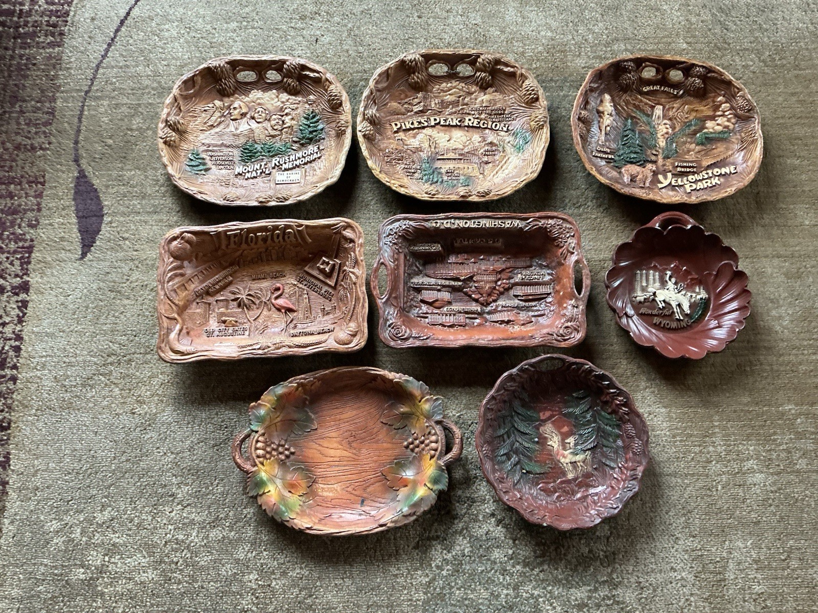 (8) Vintage Faux Wood Souvenir And Other Trays – TACO, Burwood, Silberne, Arrow