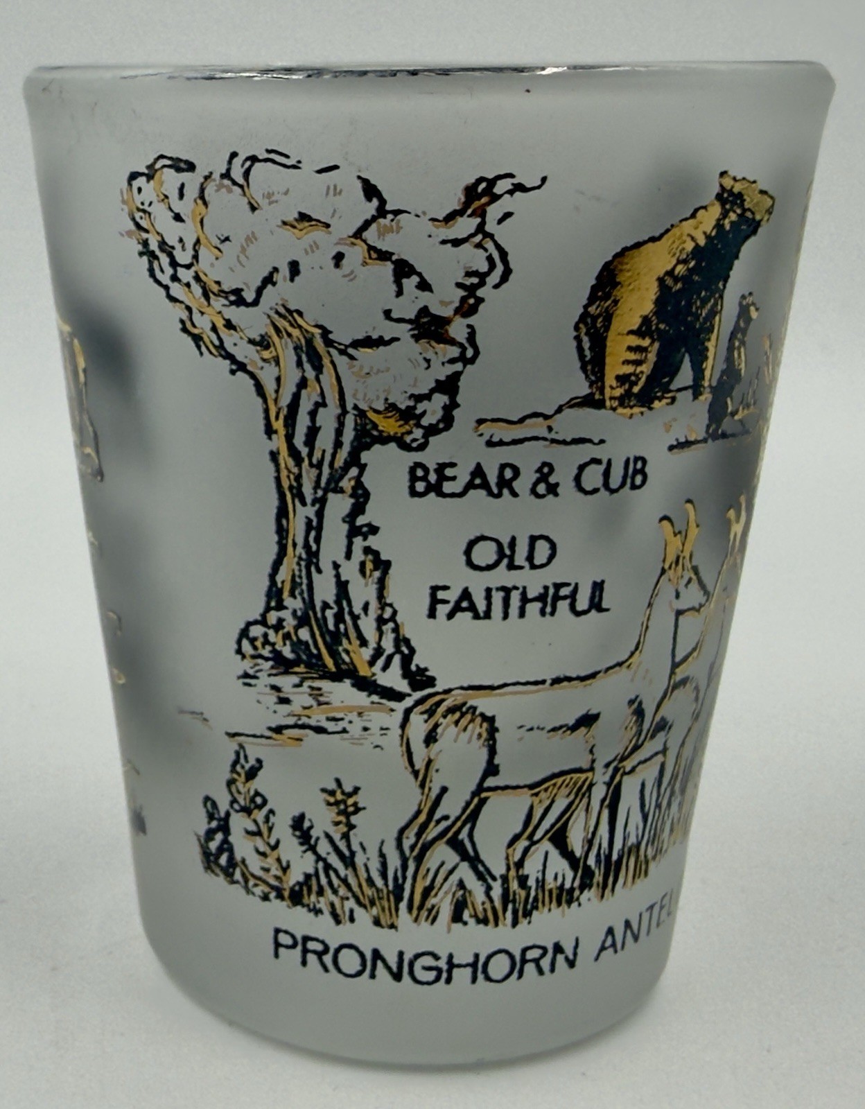 Yellowstone National Park Souvenir Shot Glass Black & 22K Gold A48 By Libbey