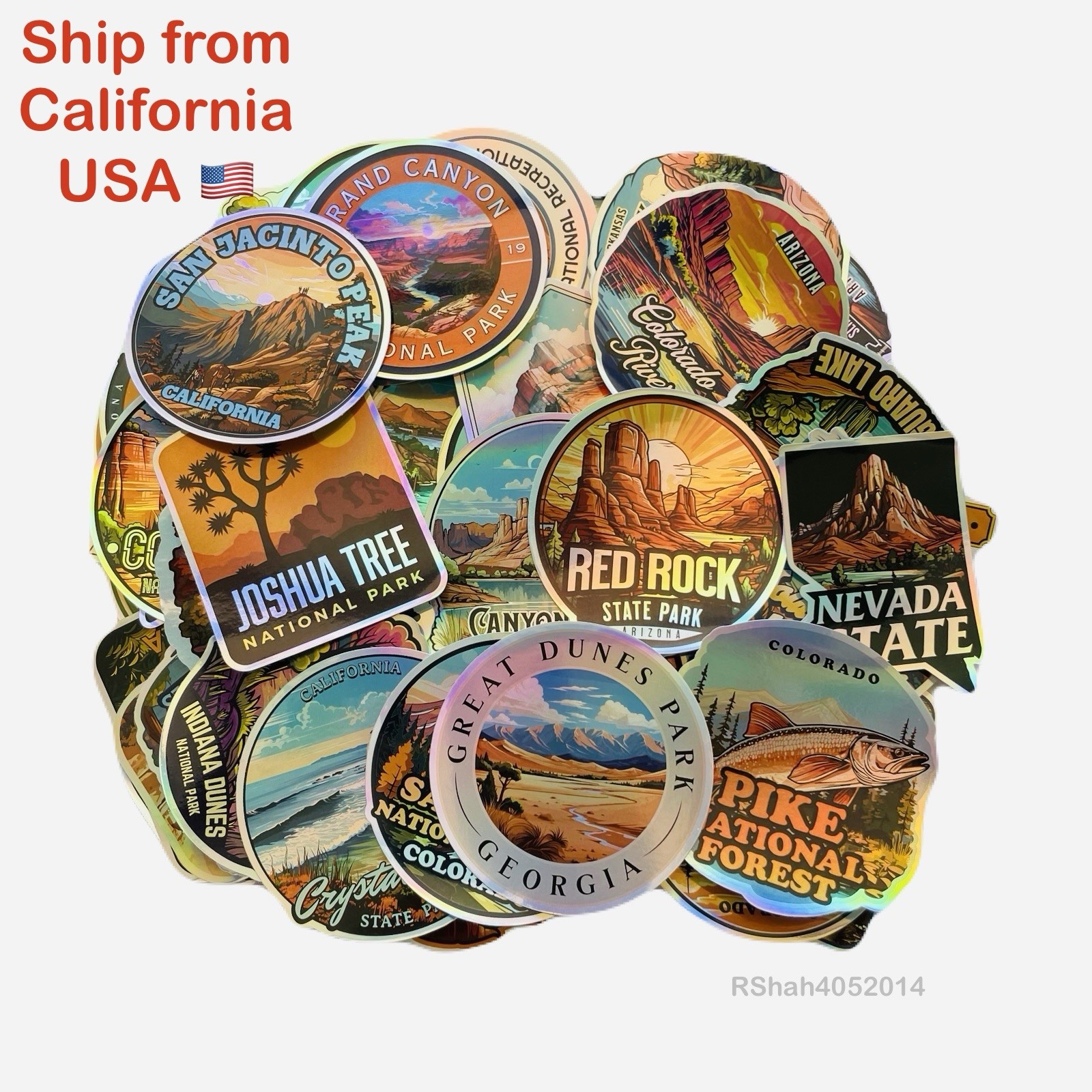 5 Random Stickers – 3” inch Hologram Laser effect USA National & State Parks