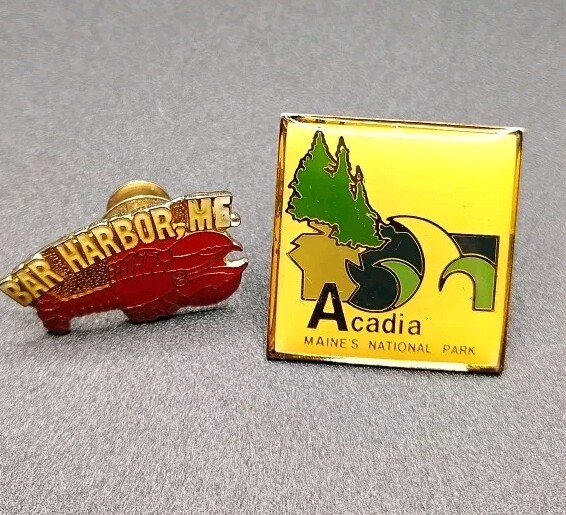 2 VINTAGE ACADIA NATIONAL PARK & BAR HARBOR Lobster MAINE PIN Pinback