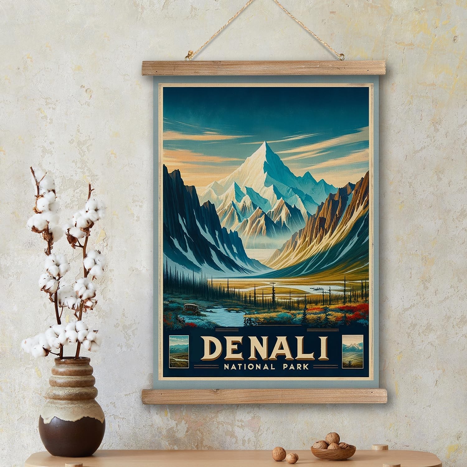 Vintage Denali National Park Travel Poster with Wooden Scroll Frame – Retro Wall