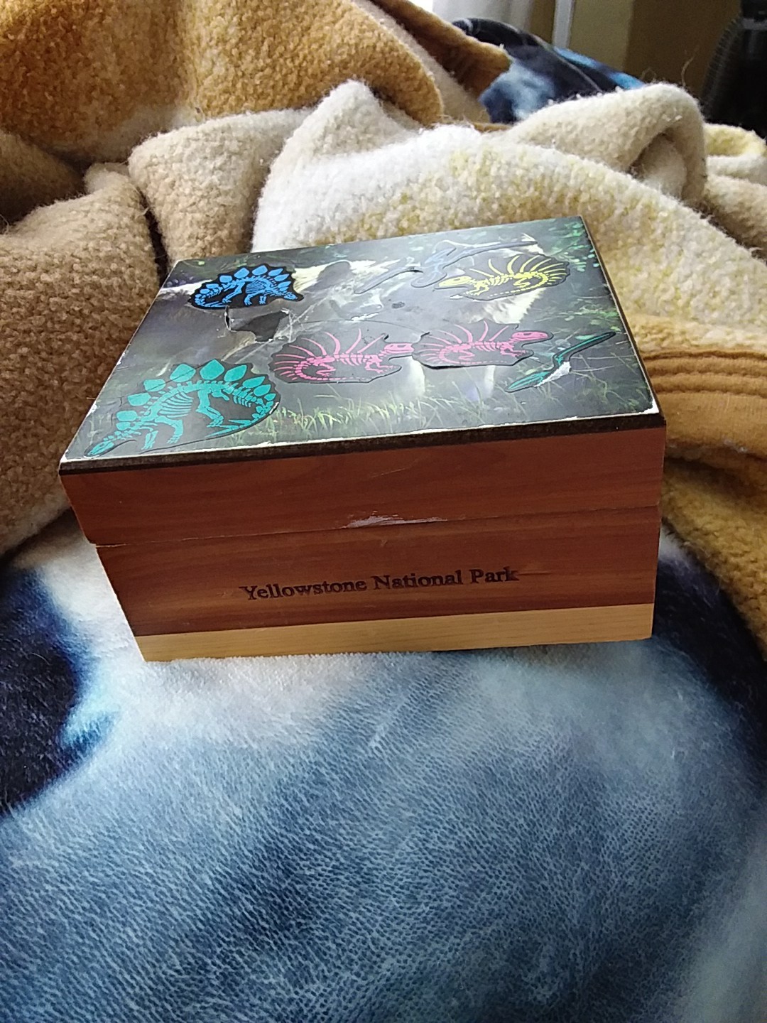 Yellowstone National Park Wooden Trinket Box Has Stickers On It Hinges Are Loose