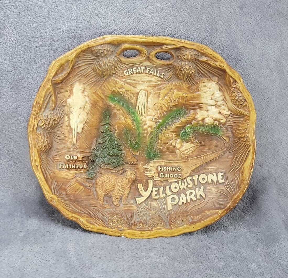 Vintage YELLOWSTONE National Park 3D Faux Wood Wall Hanging Souvenir Bowl TACO