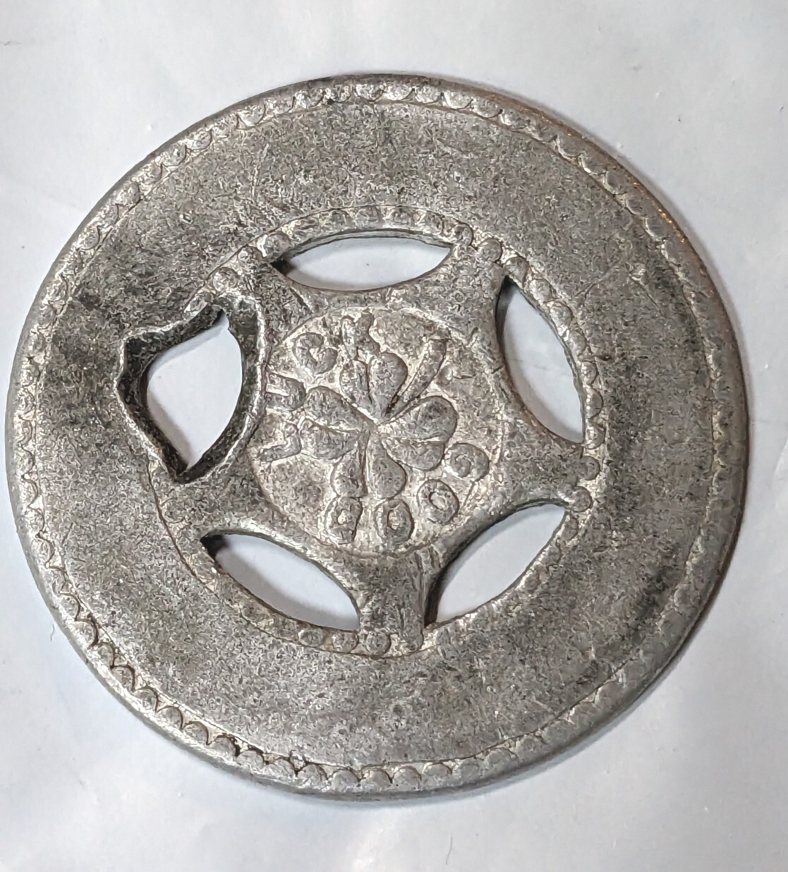 Good Luck Worlds Fair Metal Token Lucky 4 Leaf Clover Shellenbarger Silver Tone