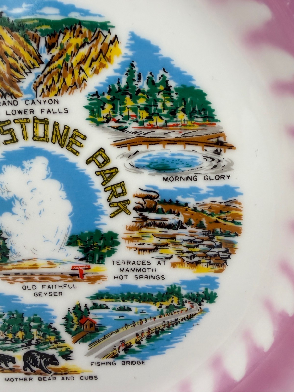 Vintage Yellowstone Park Souvenir Plate Japan Old Faithful Pink Gold Rim 10.25in