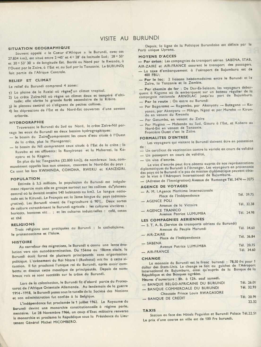 1974 Office of National Tourism Burundi Tourism Brochure and Map