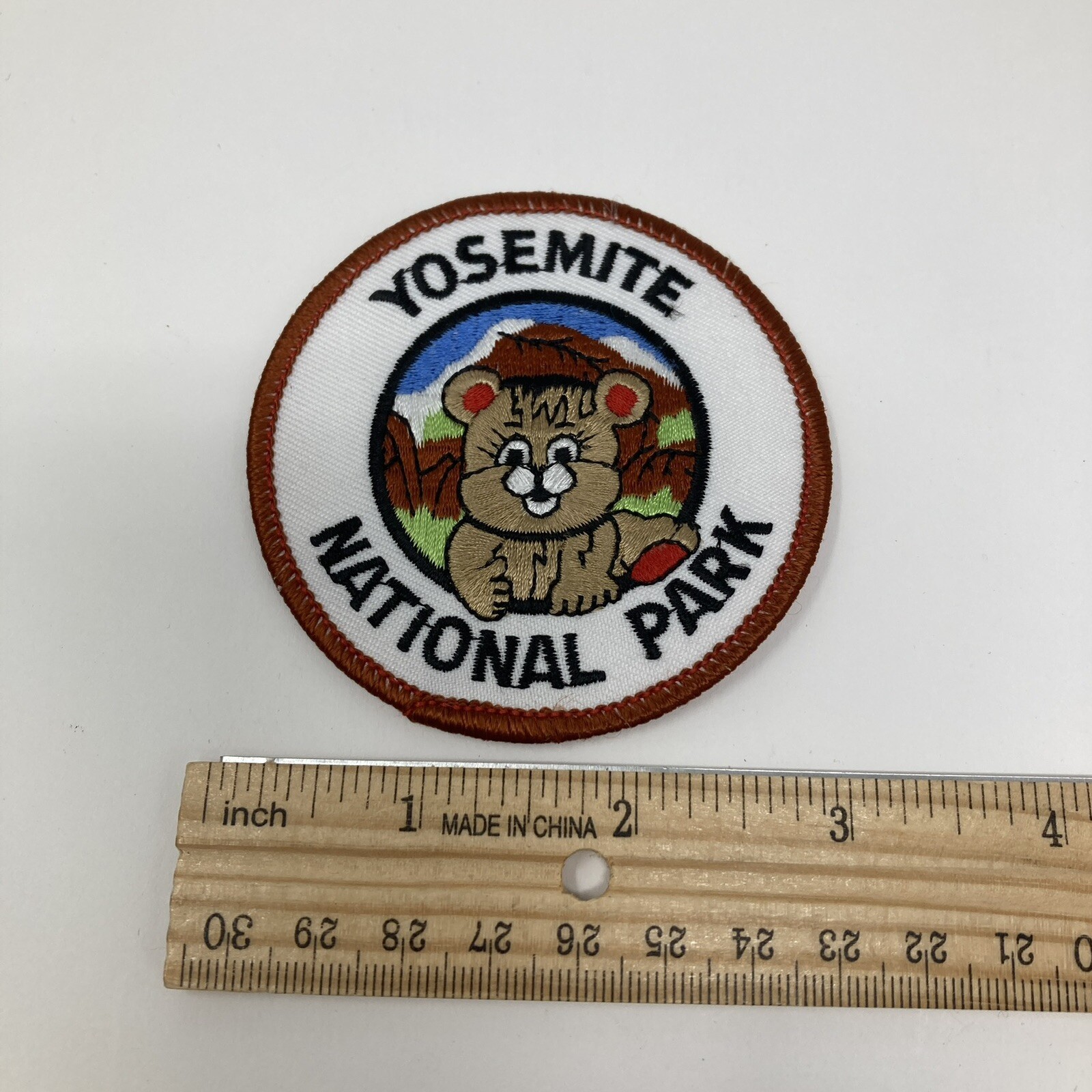 Yosemite National Park CA Bear Animal Cub Round White Embroidered Patch Badge