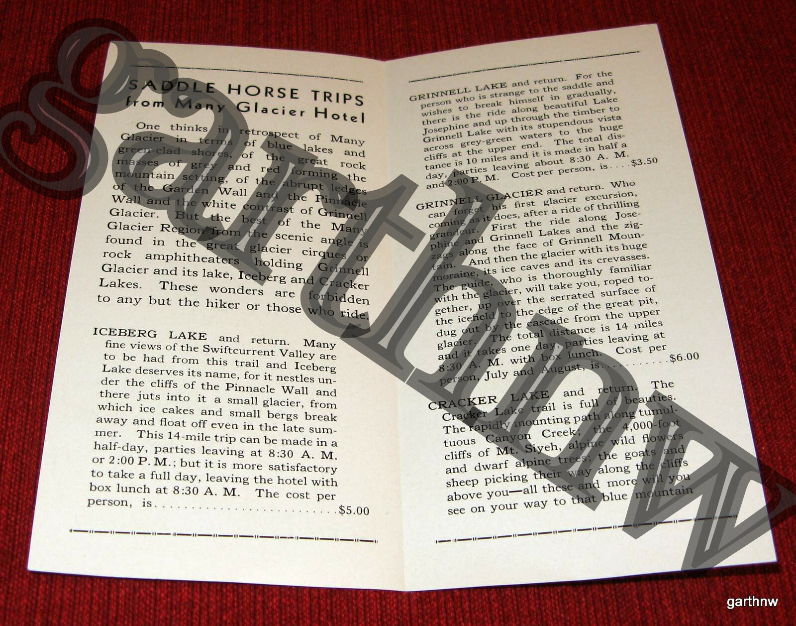 GLACIER NATIONAL PARK VINTAGE $5 SADDLE HORSE BROCHURE * GREAT NORTHERN RAILWAY