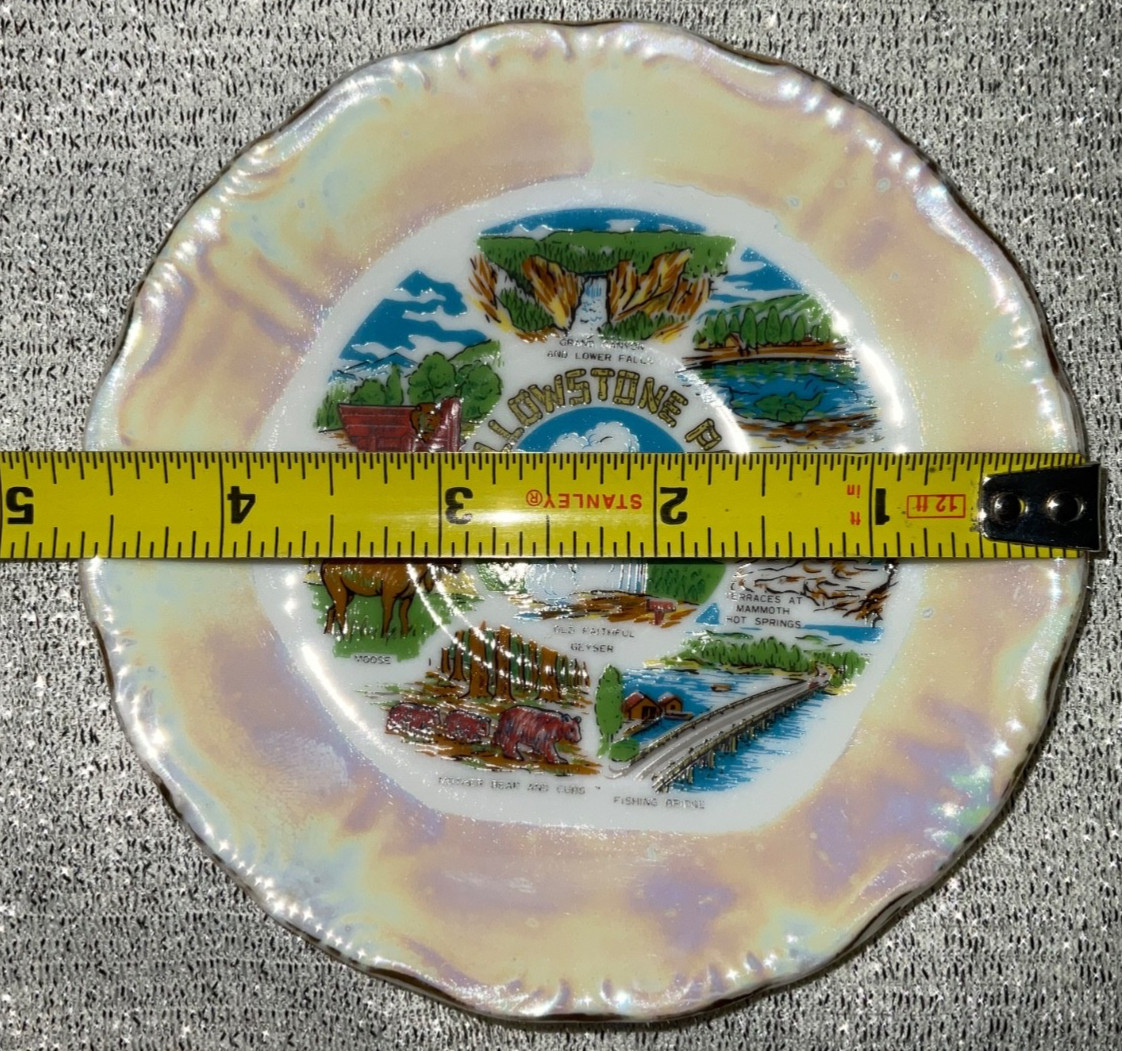 Yellowstone Park Souvenir Plate 4.5″ Old Faithful Geyser Opalescent